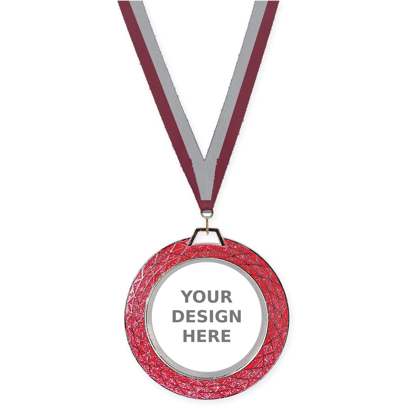 2 3/4 inch Bling insert medal in pink with Maroon Gray neck ribbon