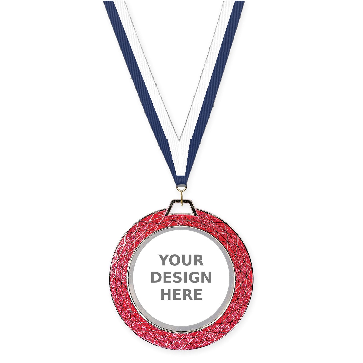 2 3/4 inch Bling insert medal in pink with Navy White neck ribbon