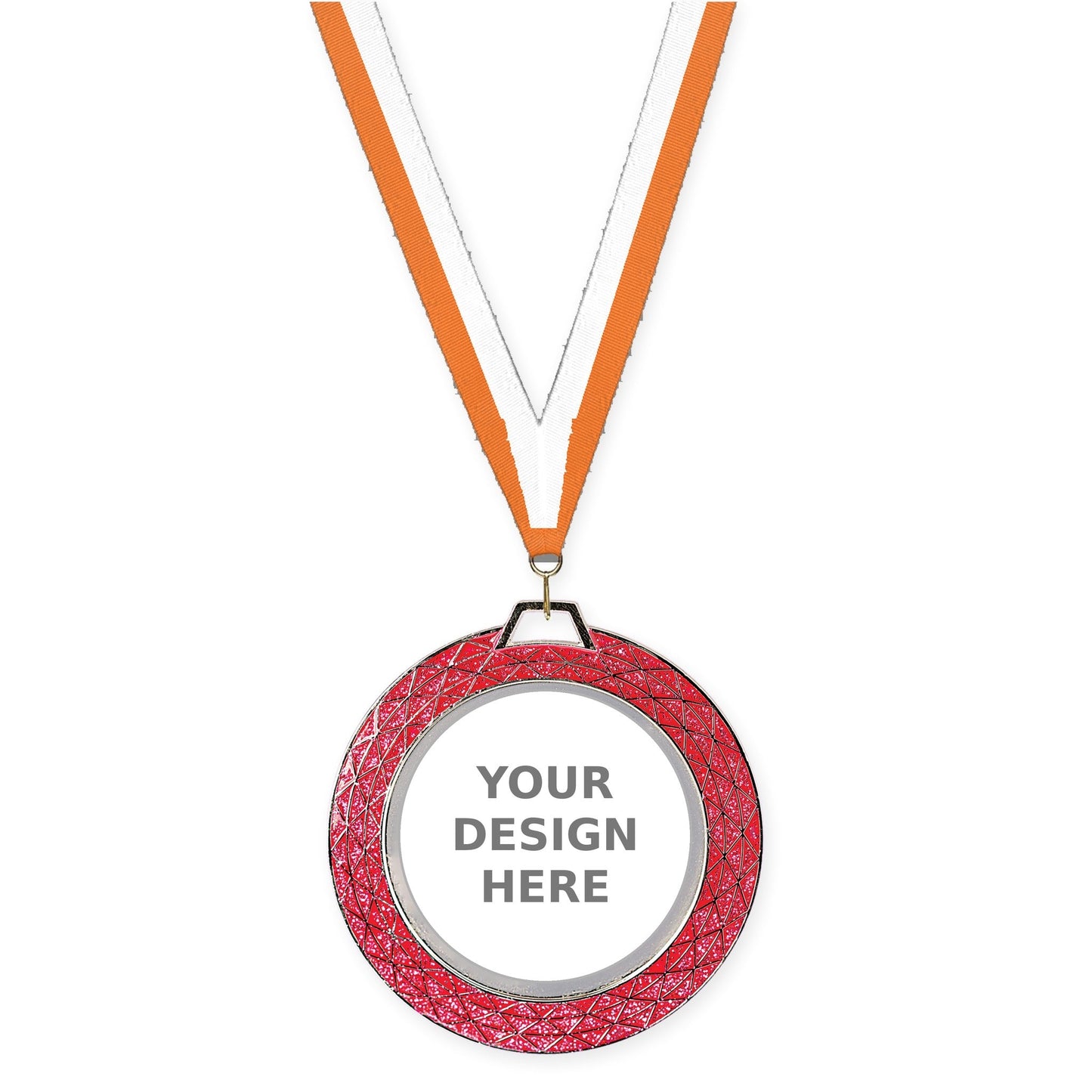 2 3/4 inch Bling insert medal in pink with Orange White neck ribbon