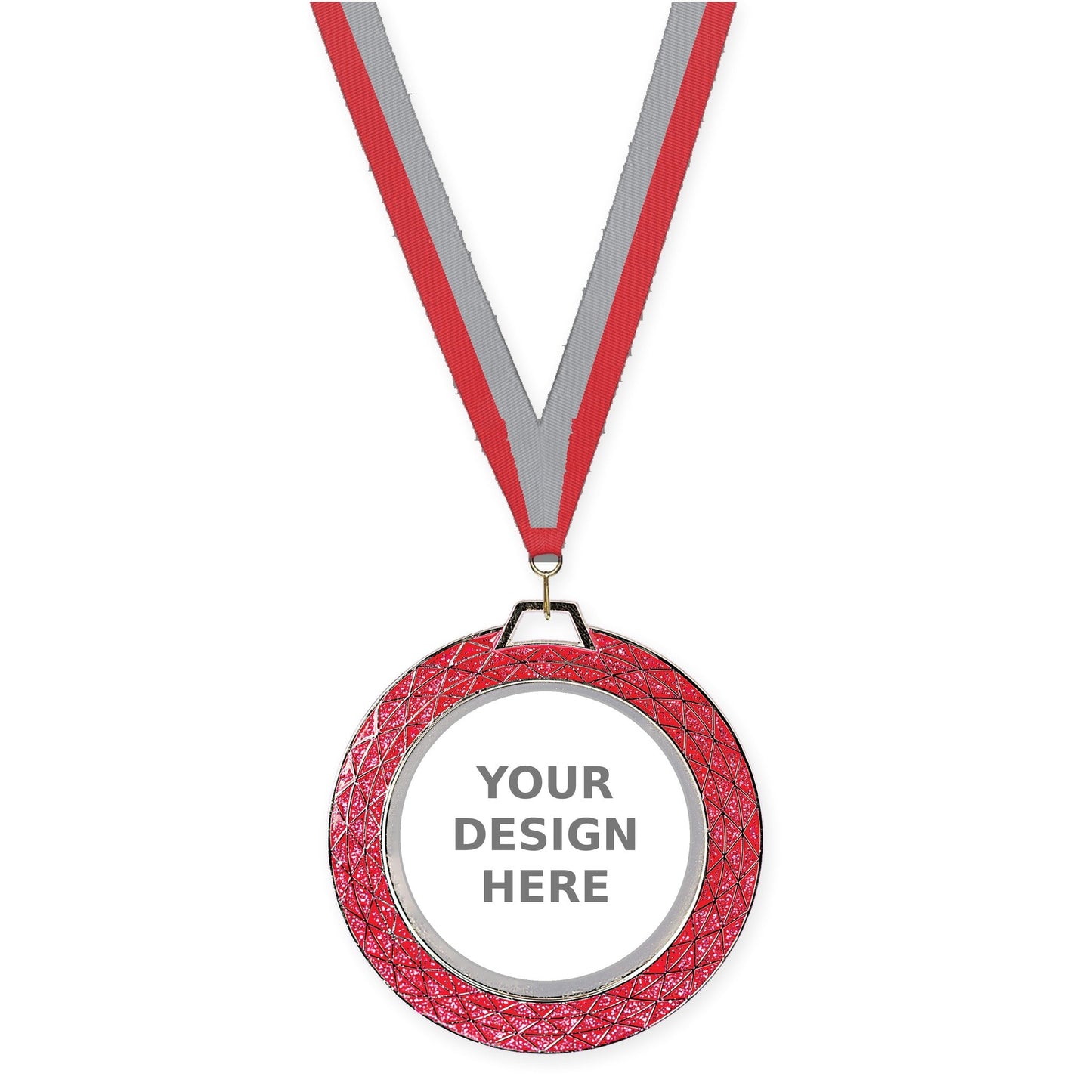 2 3/4 inch Bling insert medal in pink with Red Gray neck ribbon