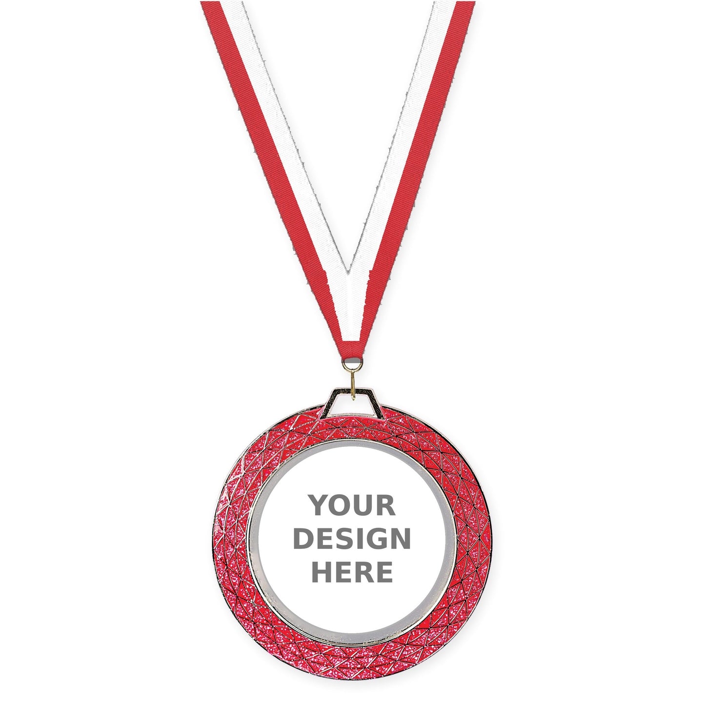 2 3/4 inch Bling insert medal in pink with Red White neck ribbon
