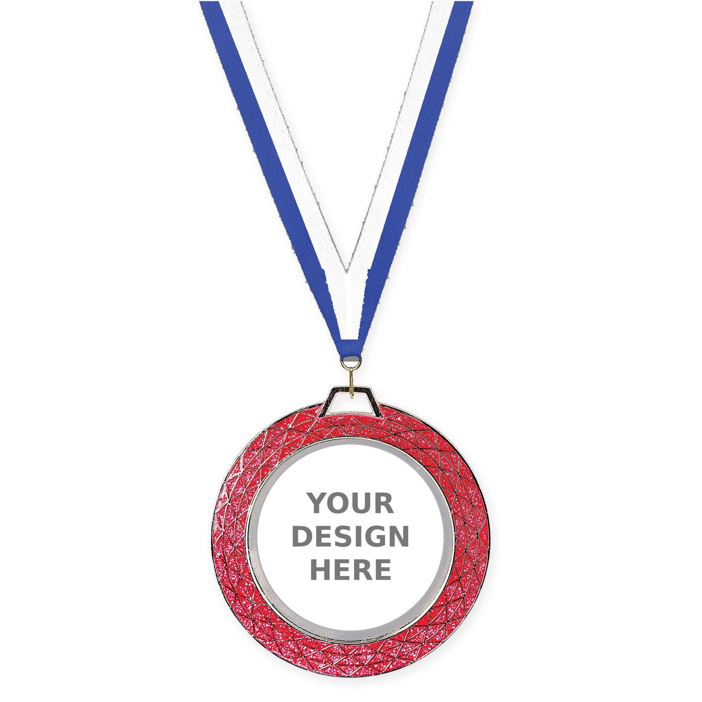 2 3/4 inch Bling insert medal in pink with Blue White neck ribbon