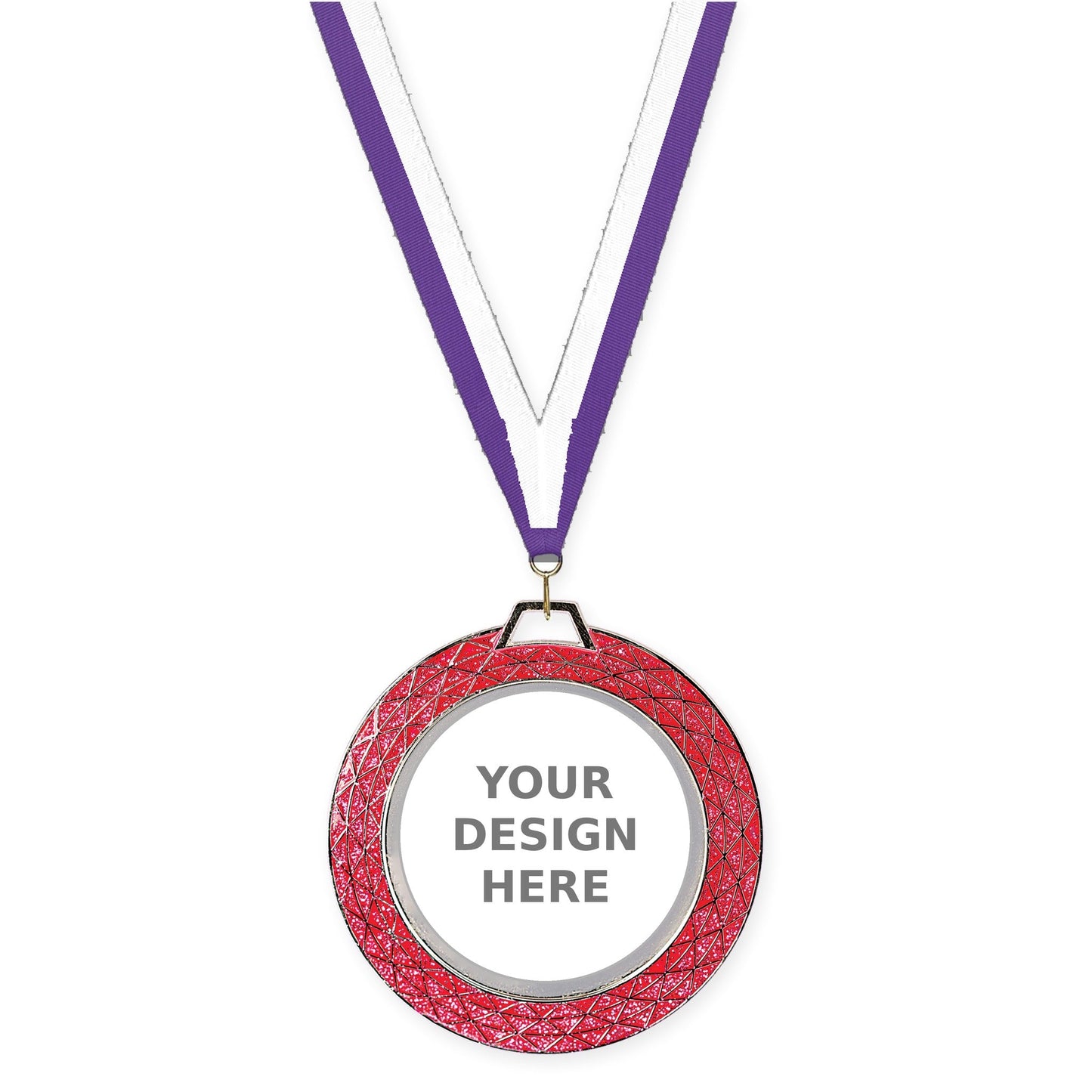 2 3/4 inch Bling insert medal in pink with Purple White neck ribbon