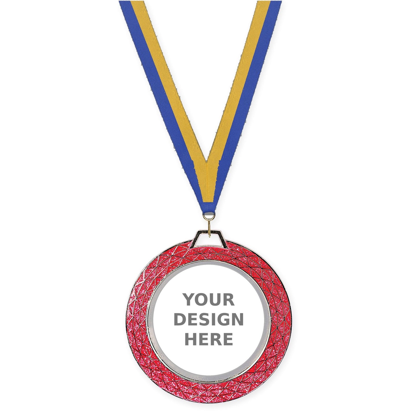 2 3/4 inch Bling insert medal in pink with Blue Gold neck ribbon