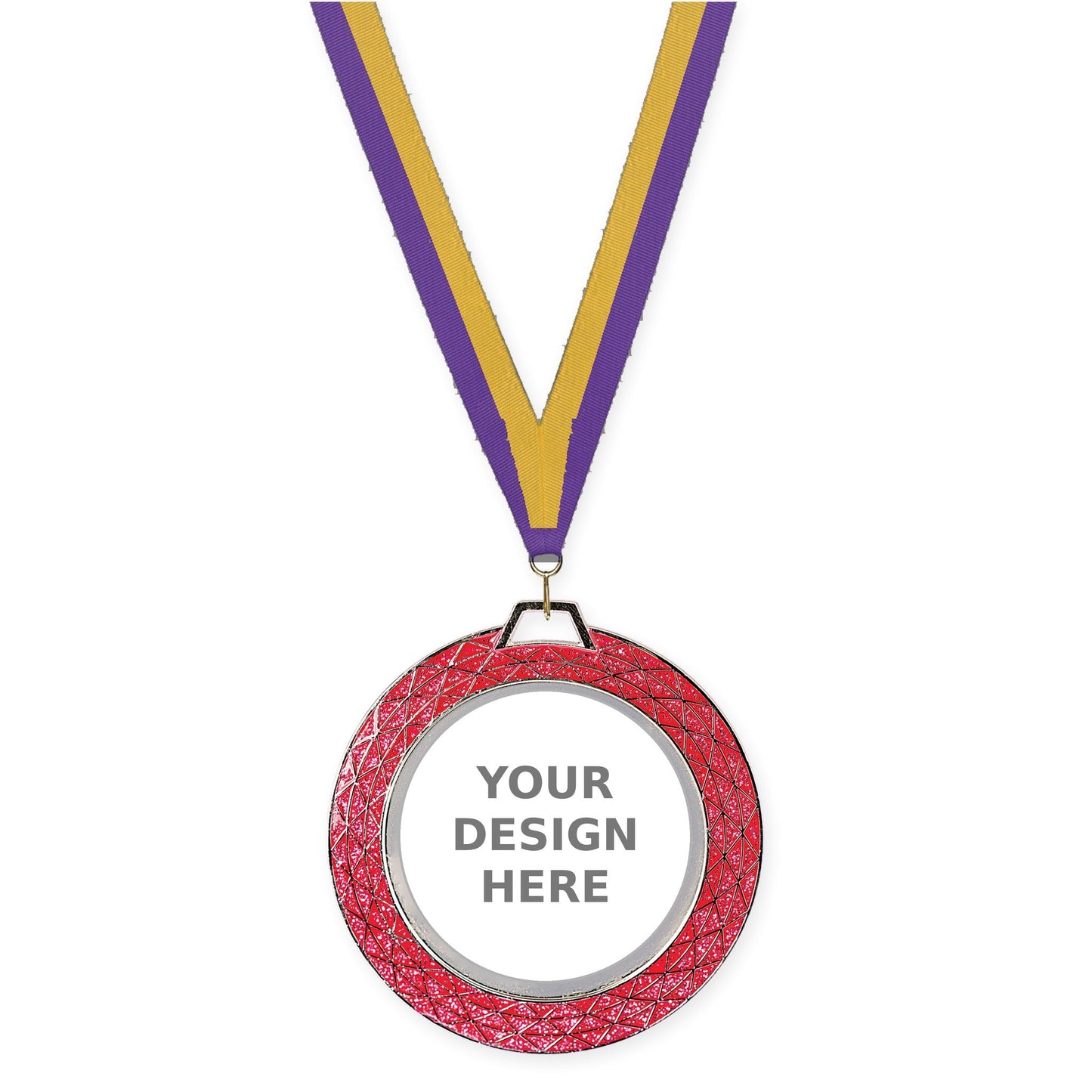 2 3/4 inch Bling insert medal in pink with Purple Gold neck ribbon