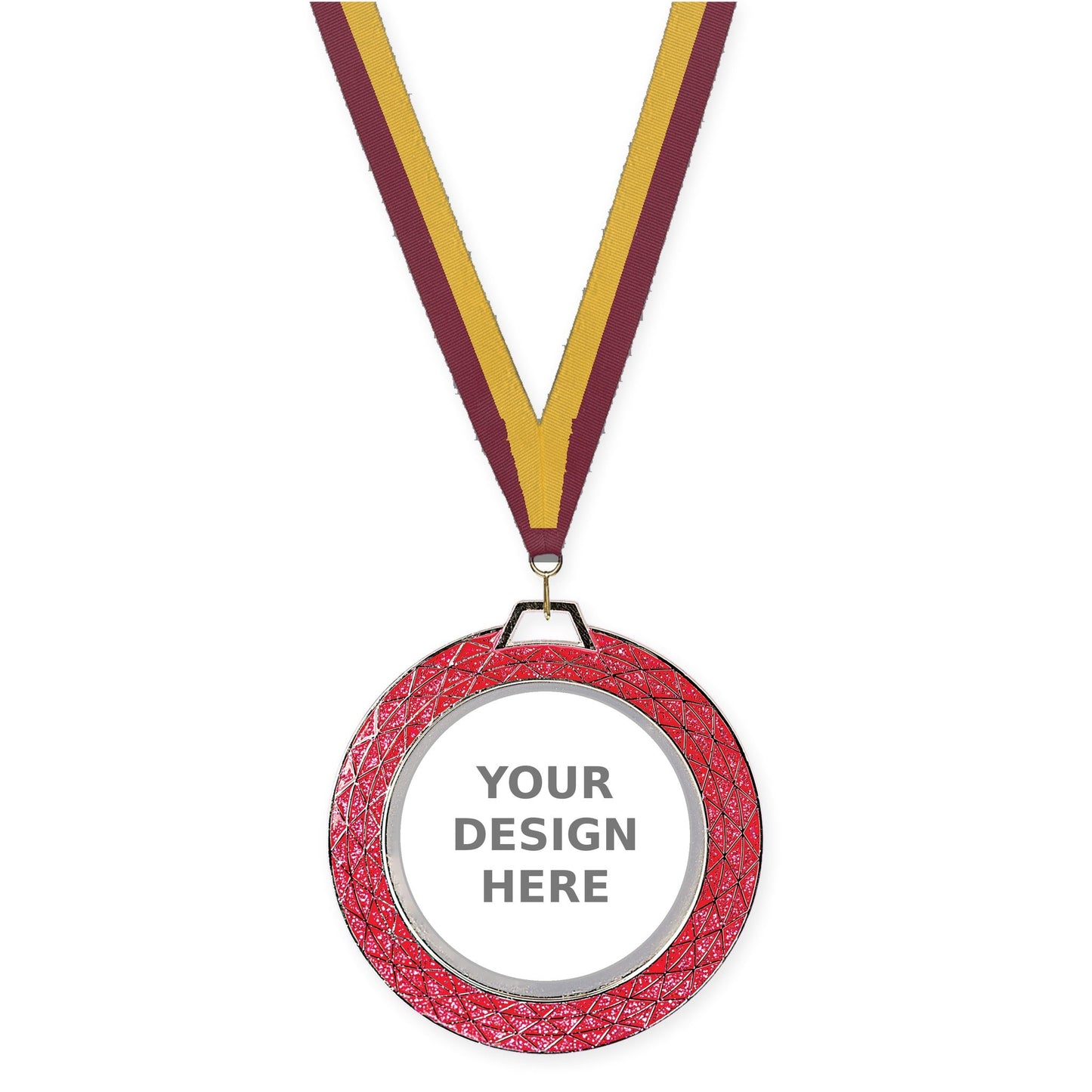 2 3/4 inch Bling insert medal in pink with Maroon Gold neck ribbon