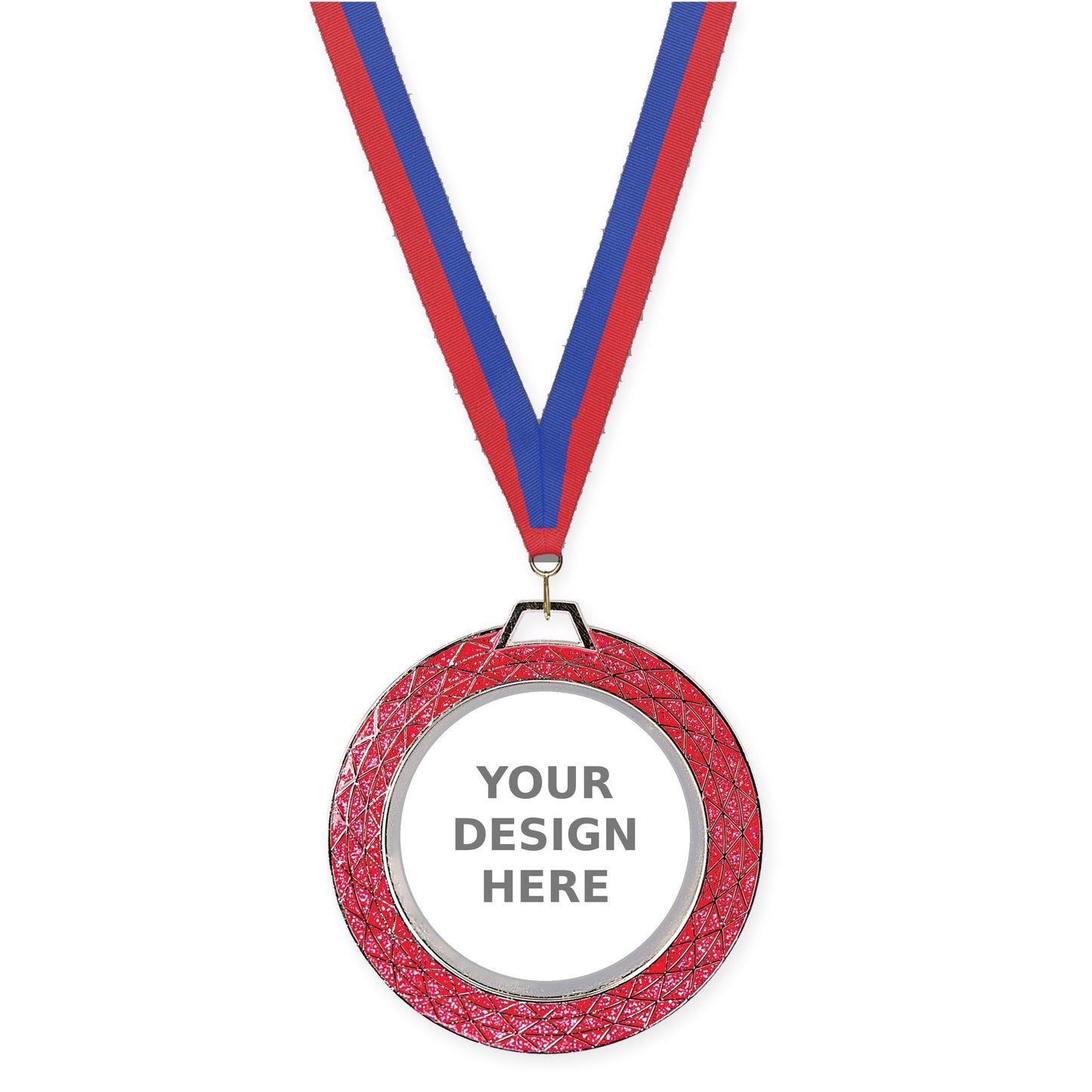 2 3/4 inch Bling insert medal in pink with Blue Red neck ribbon