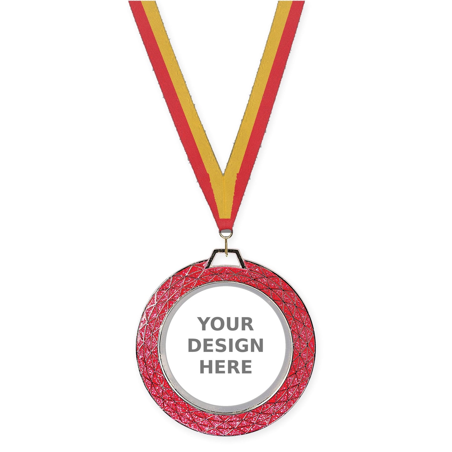 2 3/4 inch Bling insert medal in pink with Red Gold neck ribbon