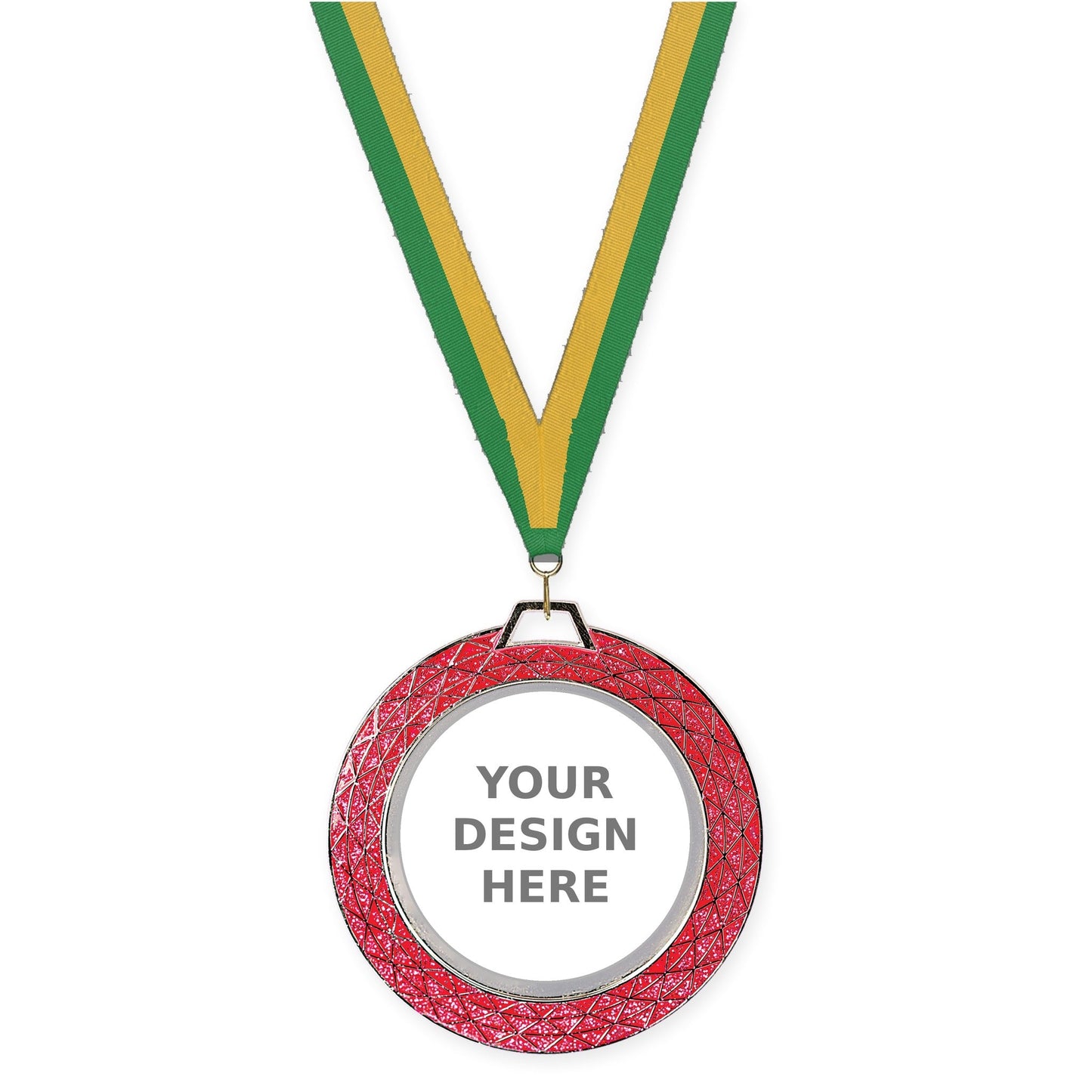 2 3/4 inch Bling insert medal in pink with Green Gold neck ribbon
