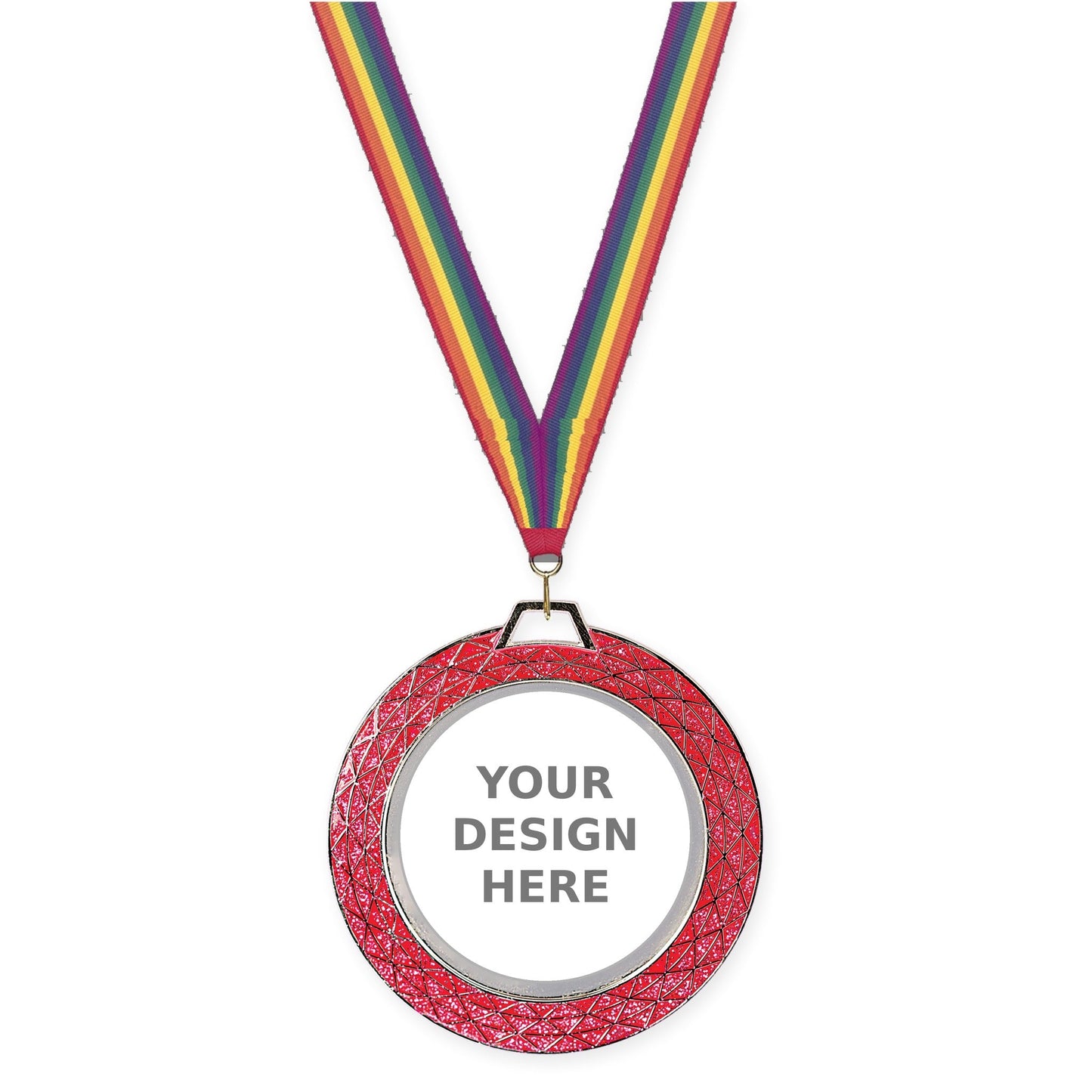 2 3/4 inch Bling insert medal in pink with Rainbow neck ribbon