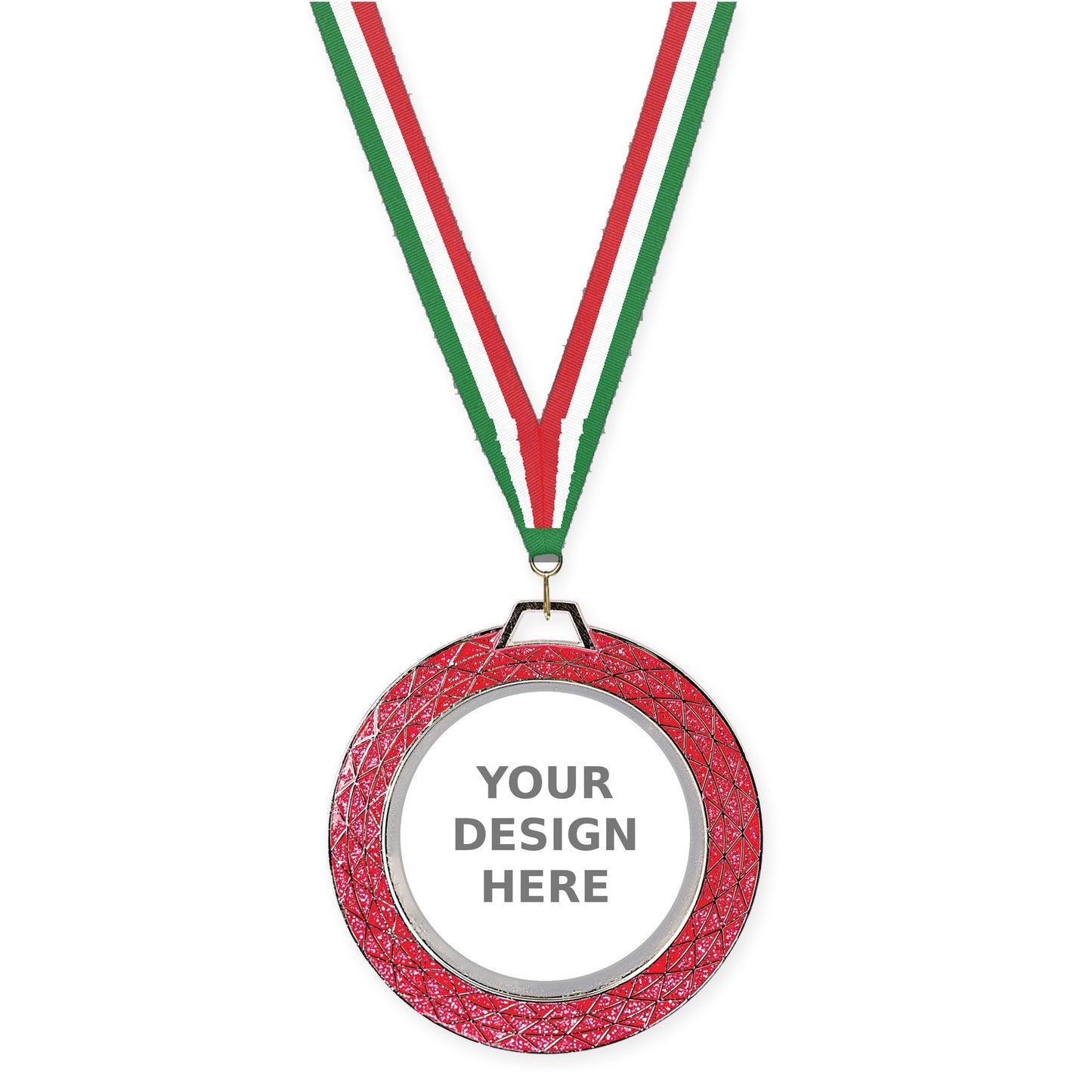 2 3/4 inch Bling insert medal in pink with Green White Red neck ribbon