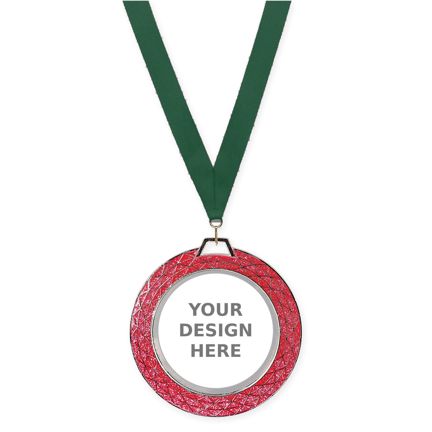 2 3/4 inch Bling insert medal in pink with Hunter Green neck ribbon