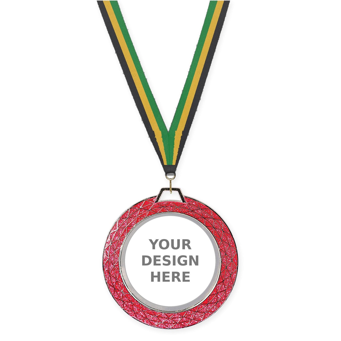 2 3/4 inch Bling insert medal in pink with Black Gold Green neck ribbon