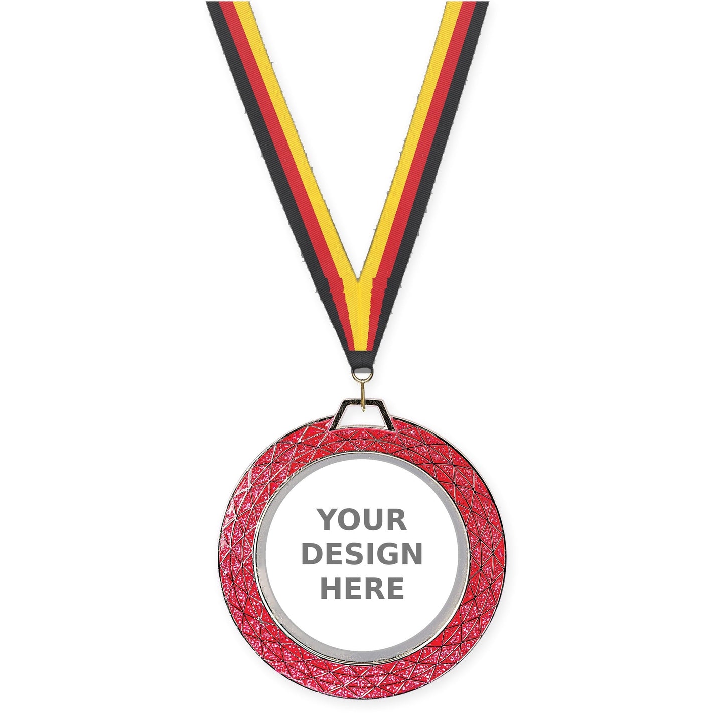 2 3/4 inch Bling insert medal in pink with Black Red Yellow neck ribbon