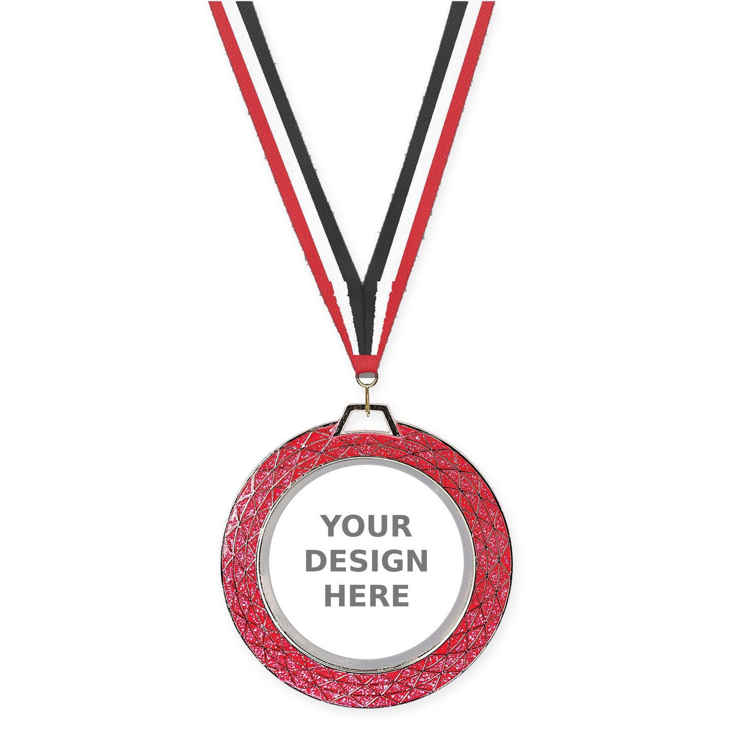 2 3/4 inch Bling insert medal in pink with Red White Black neck ribbon