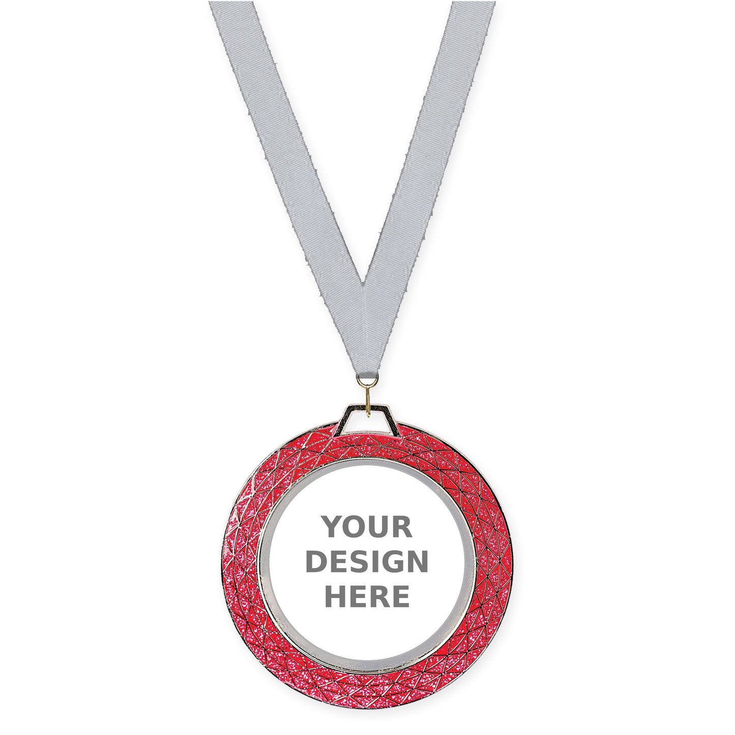 2 3/4 inch Bling insert medal in pink with Silver Metallic neck ribbon