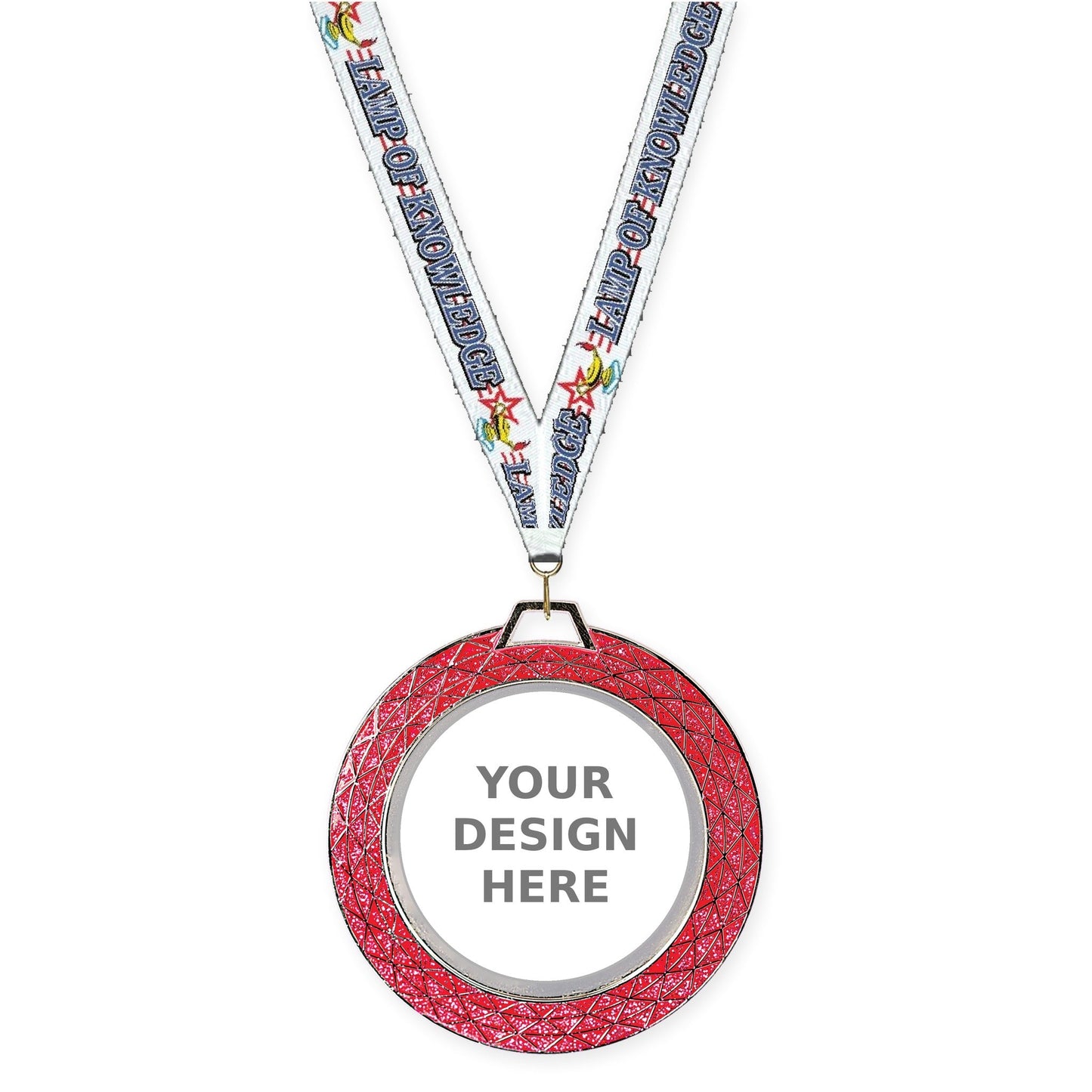 2 3/4 inch Bling insert medal in pink with Lamp Of Knowledge neck ribbon