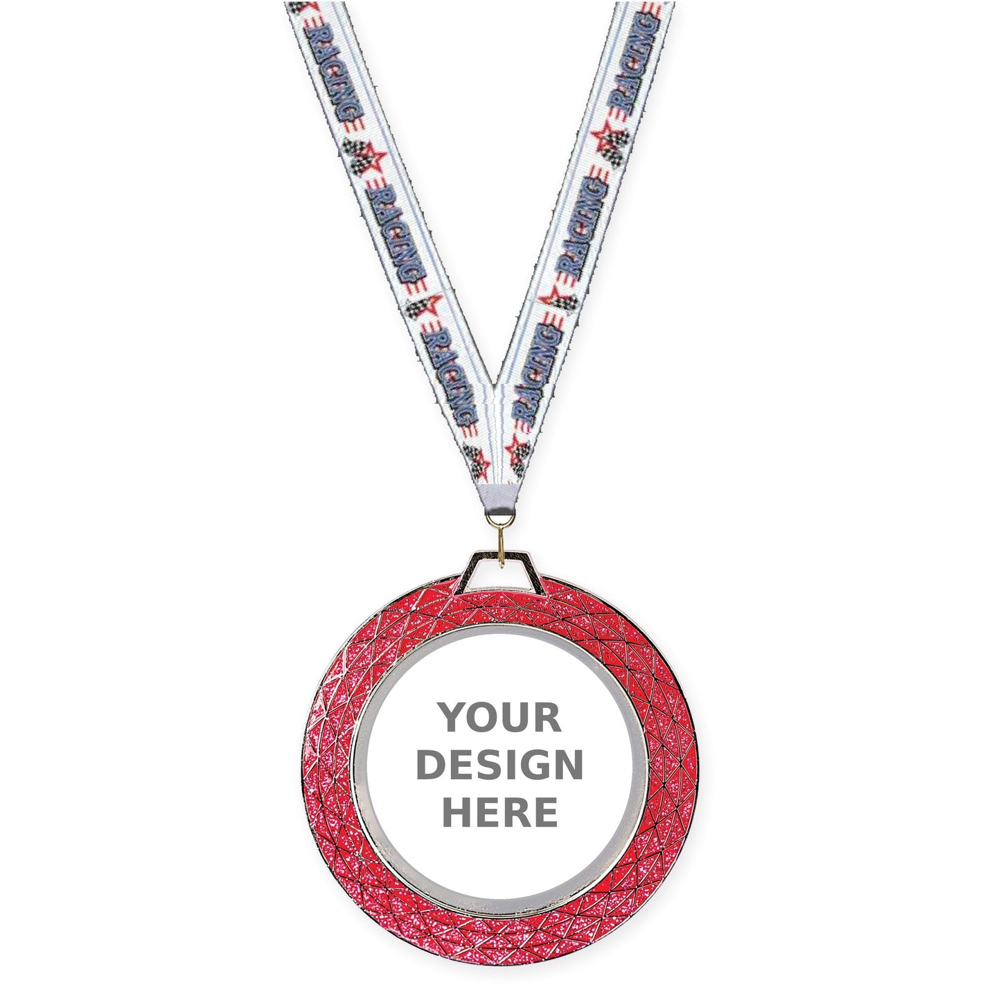 2 3/4 inch Bling insert medal in pink with Auto Racing neck ribbon