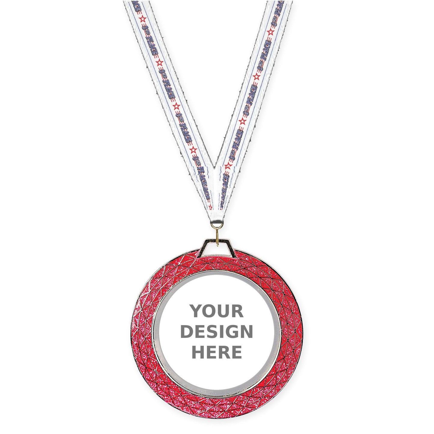 2 3/4 inch Bling insert medal in pink with 3rd Place neck ribbon