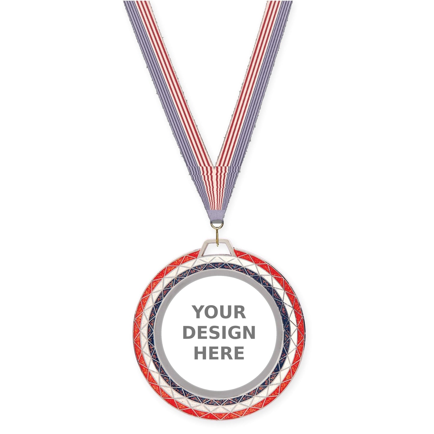 2 3/4 inch Bling insert medal in red white blue with USA Flag neck ribbon