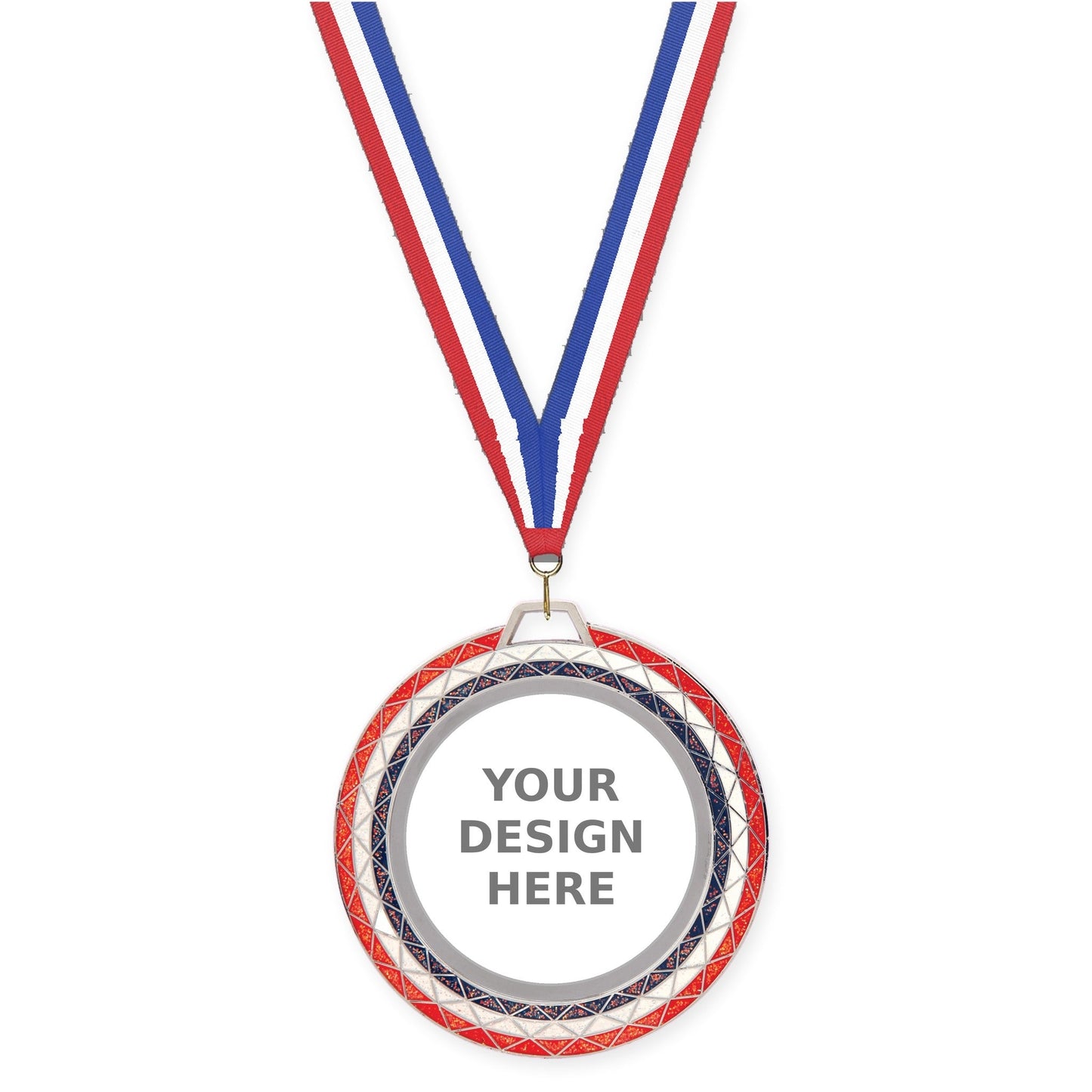 2 3/4 inch Bling insert medal in red white blue with Red White Blue neck ribbon