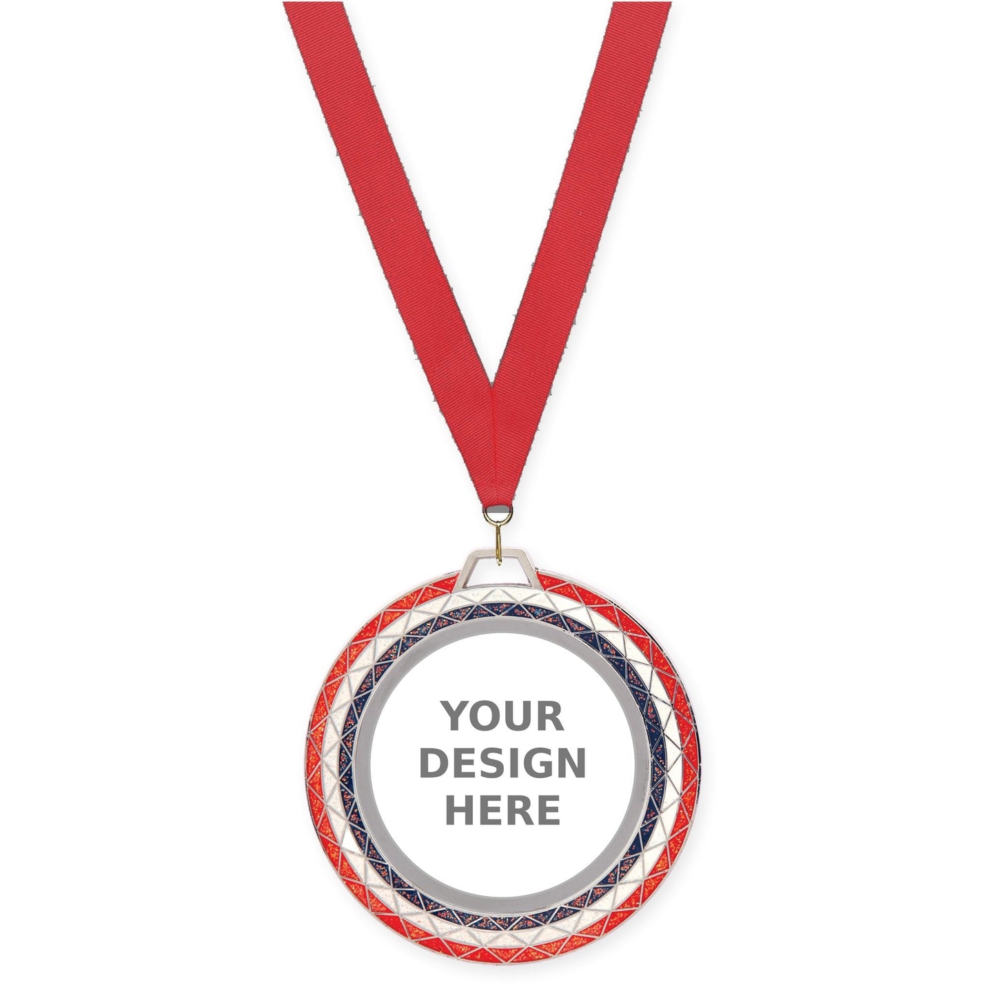 2 3/4 inch Bling insert medal in red white blue with Red neck ribbon
