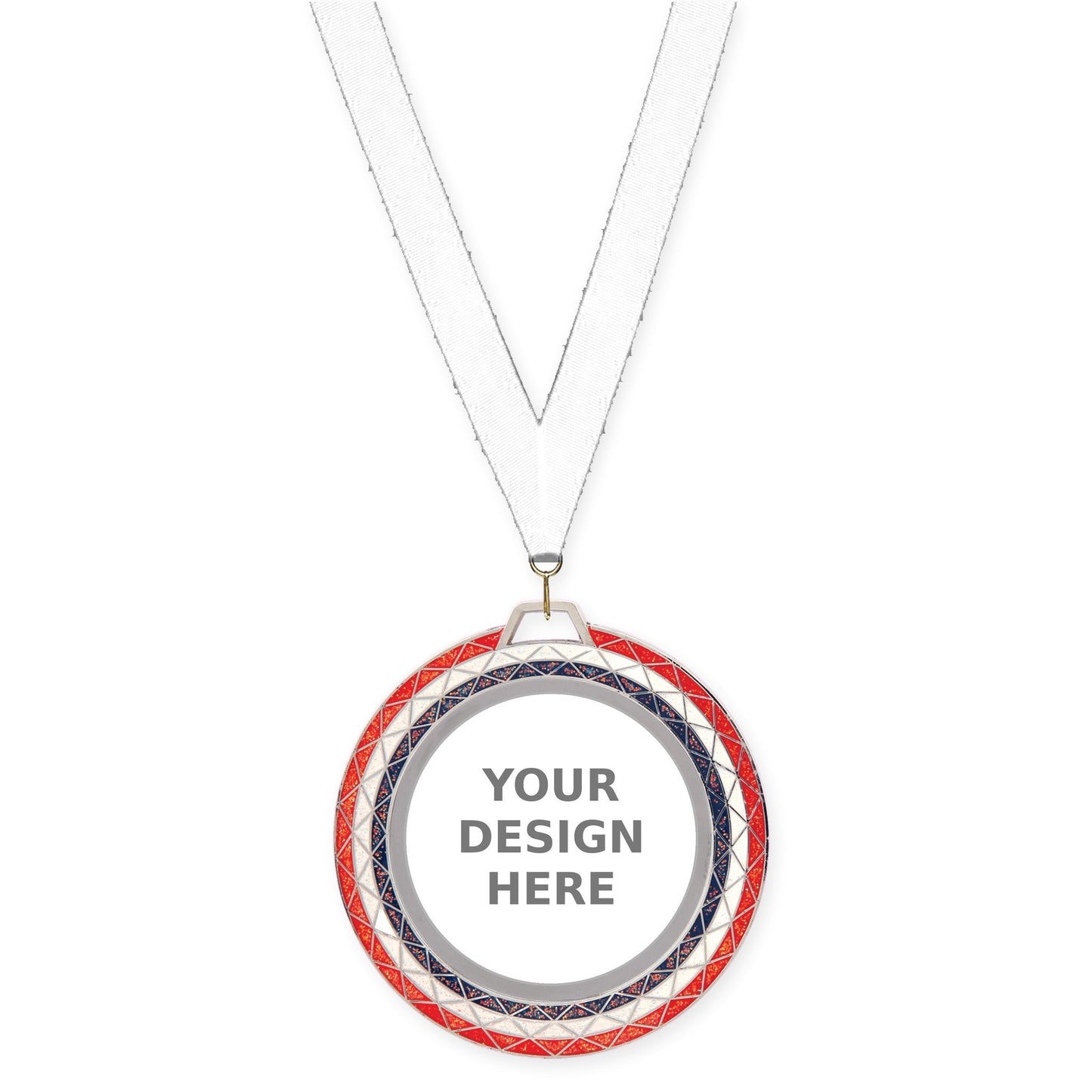 2 3/4 inch Bling insert medal in red white blue with White neck ribbon