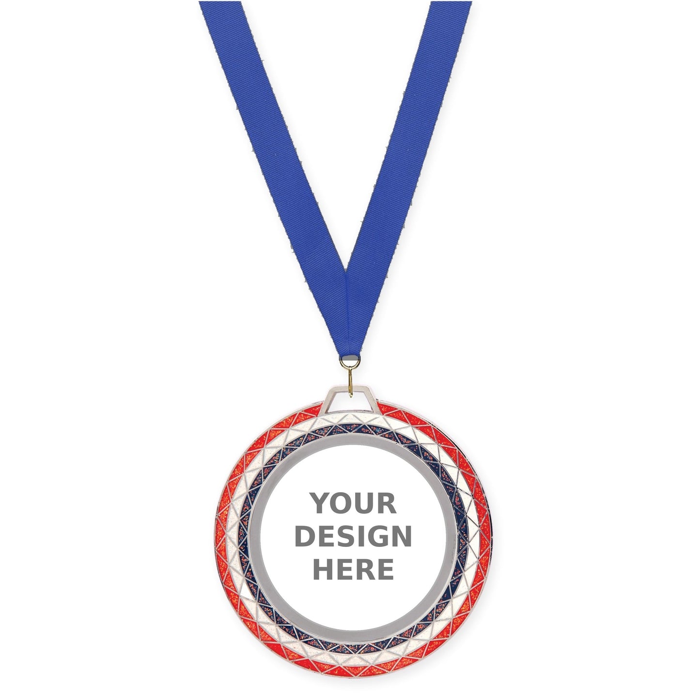 2 3/4 inch Bling insert medal in red white blue with Blue neck ribbon