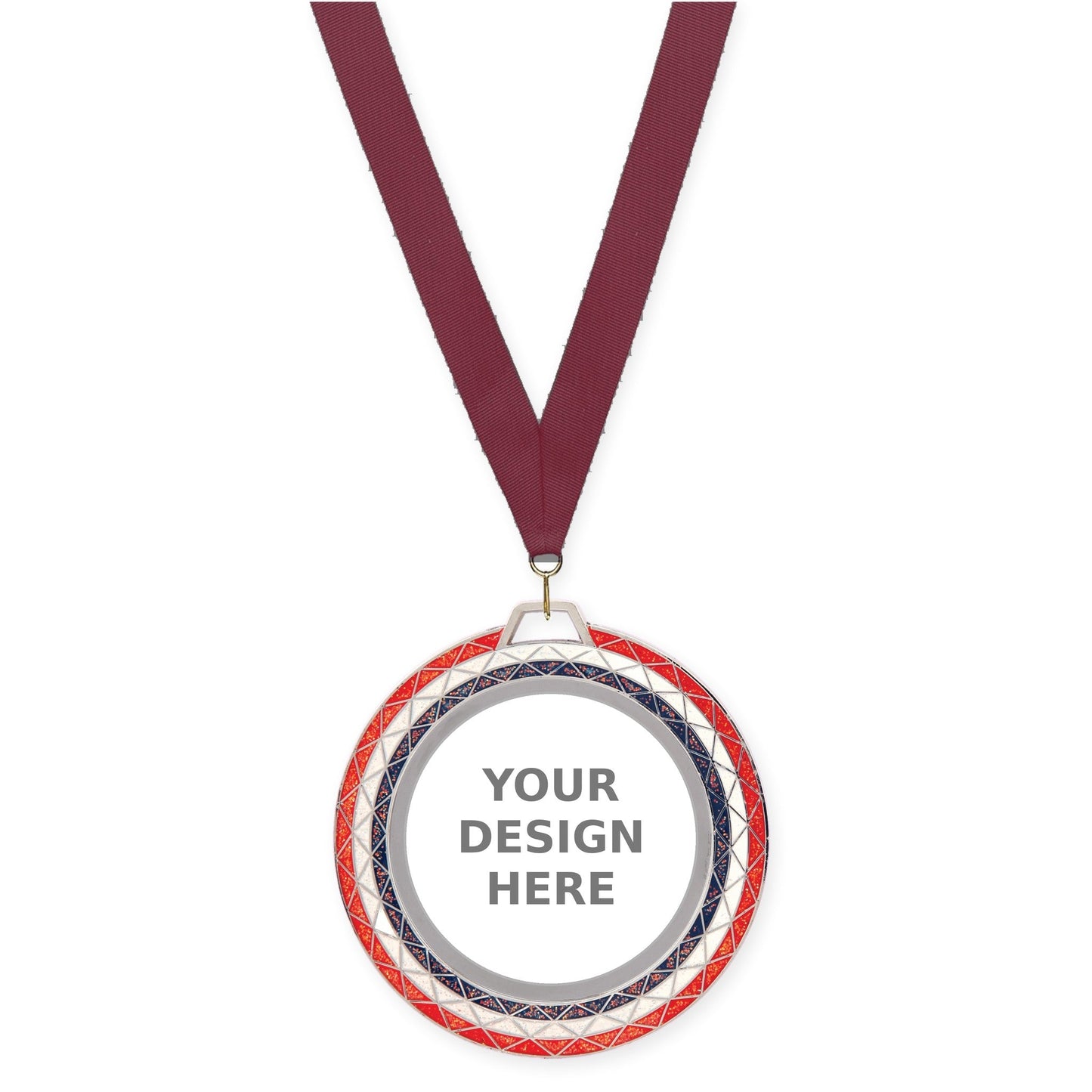 2 3/4 inch Bling insert medal in red white blue with Maroon neck ribbon