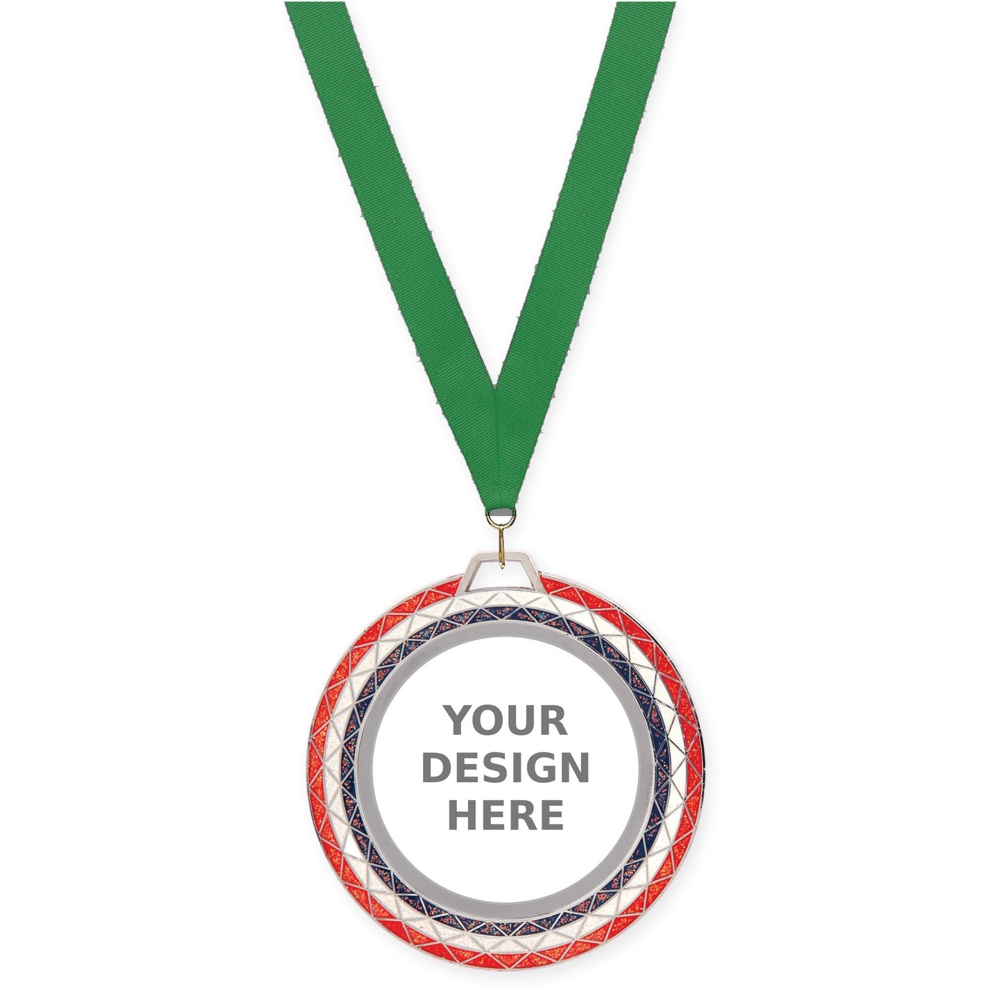 2 3/4 inch Bling insert medal in red white blue with Green neck ribbon