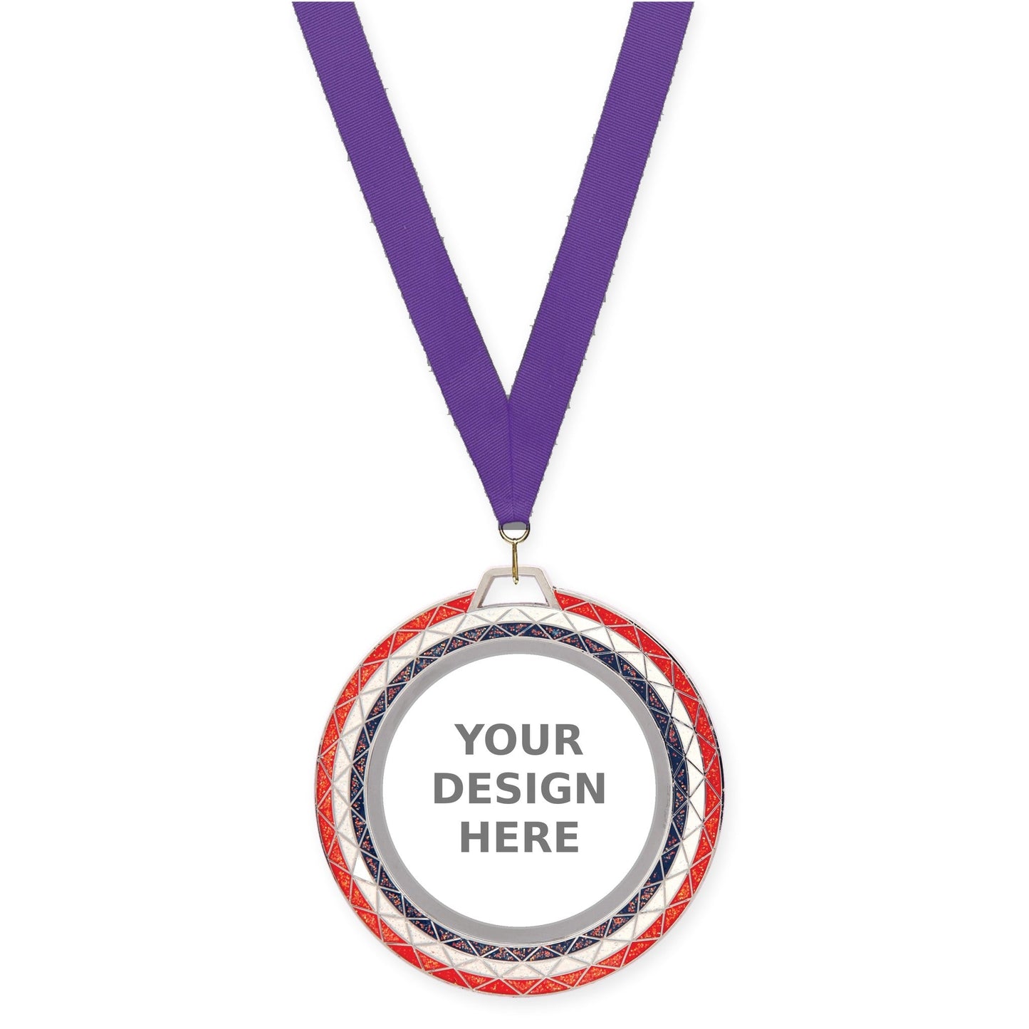 2 3/4 inch Bling insert medal in red white blue with Purple neck ribbon