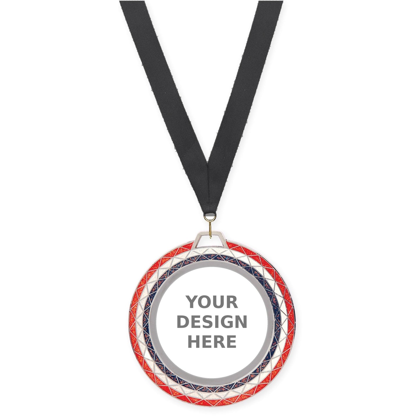 2 3/4 inch Bling insert medal in red white blue with Black neck ribbon