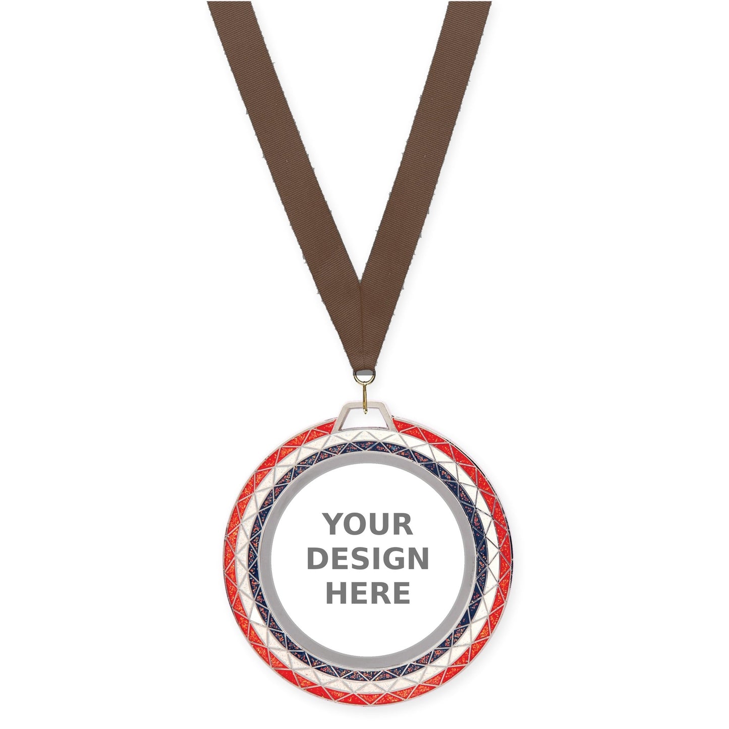2 3/4 inch Bling insert medal in red white blue with Brown neck ribbon