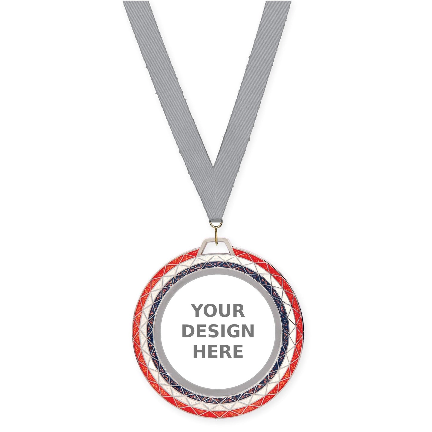 2 3/4 inch Bling insert medal in red white blue with Gray neck ribbon