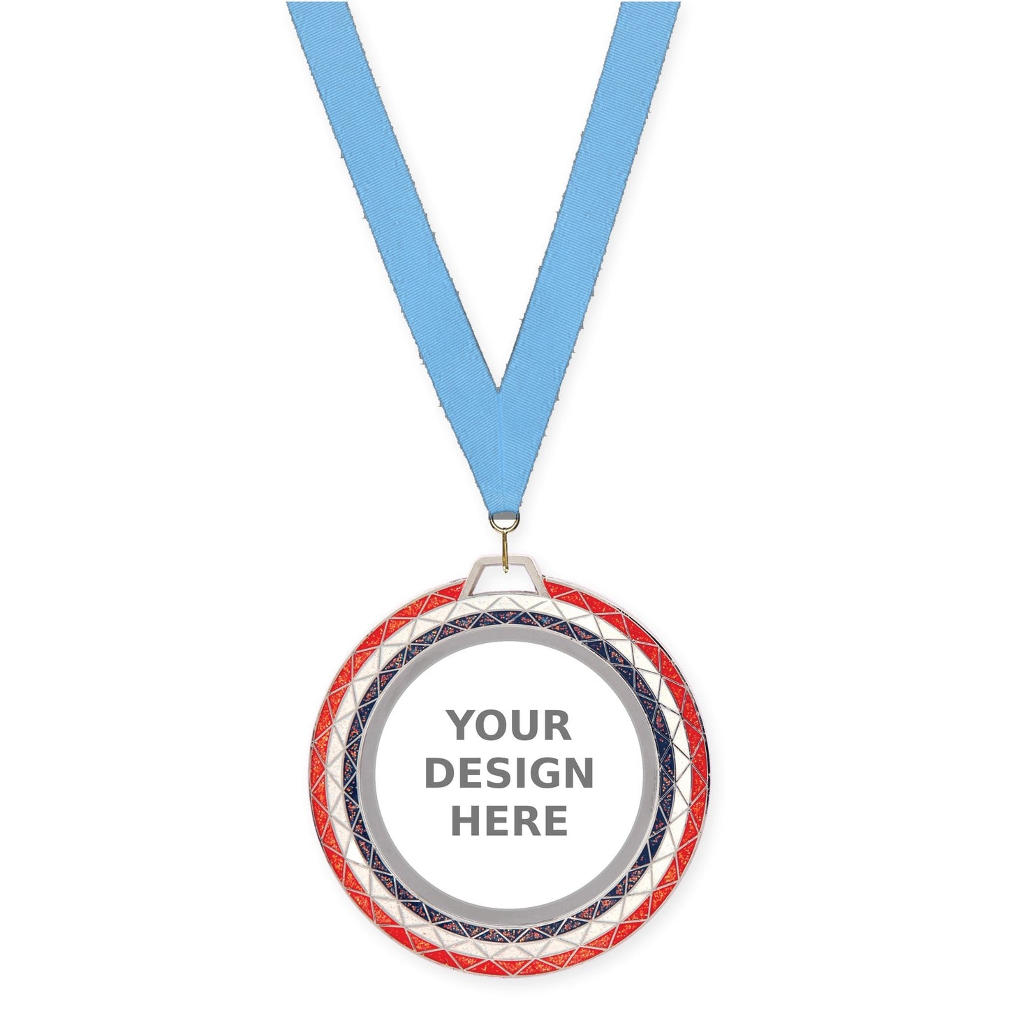 2 3/4 inch Bling insert medal in red white blue with Light Blue neck ribbon