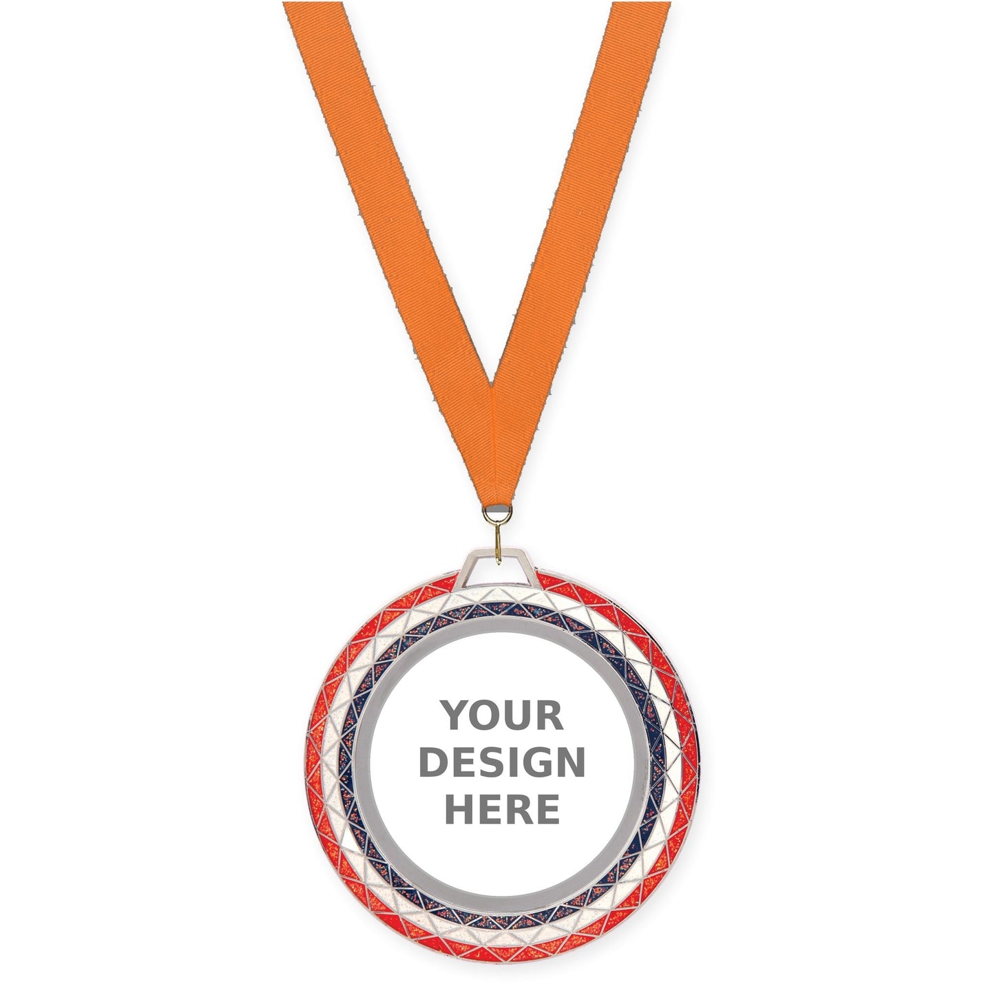 2 3/4 inch Bling insert medal in red white blue with Orange neck ribbon