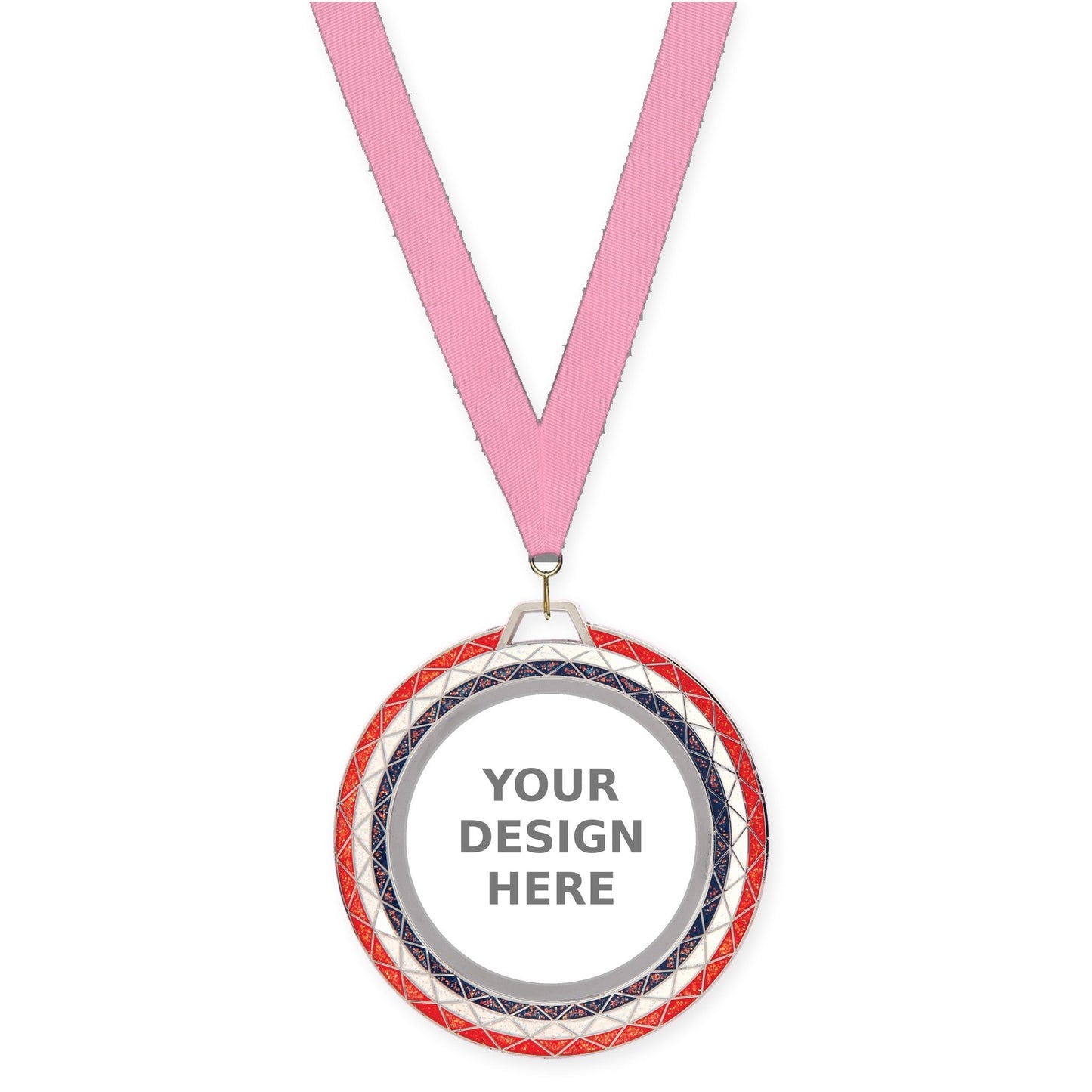 2 3/4 inch Bling insert medal in red white blue with Pink neck ribbon