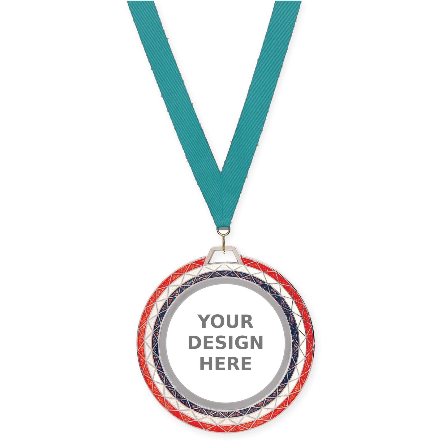 2 3/4 inch Bling insert medal in red white blue with Teal neck ribbon