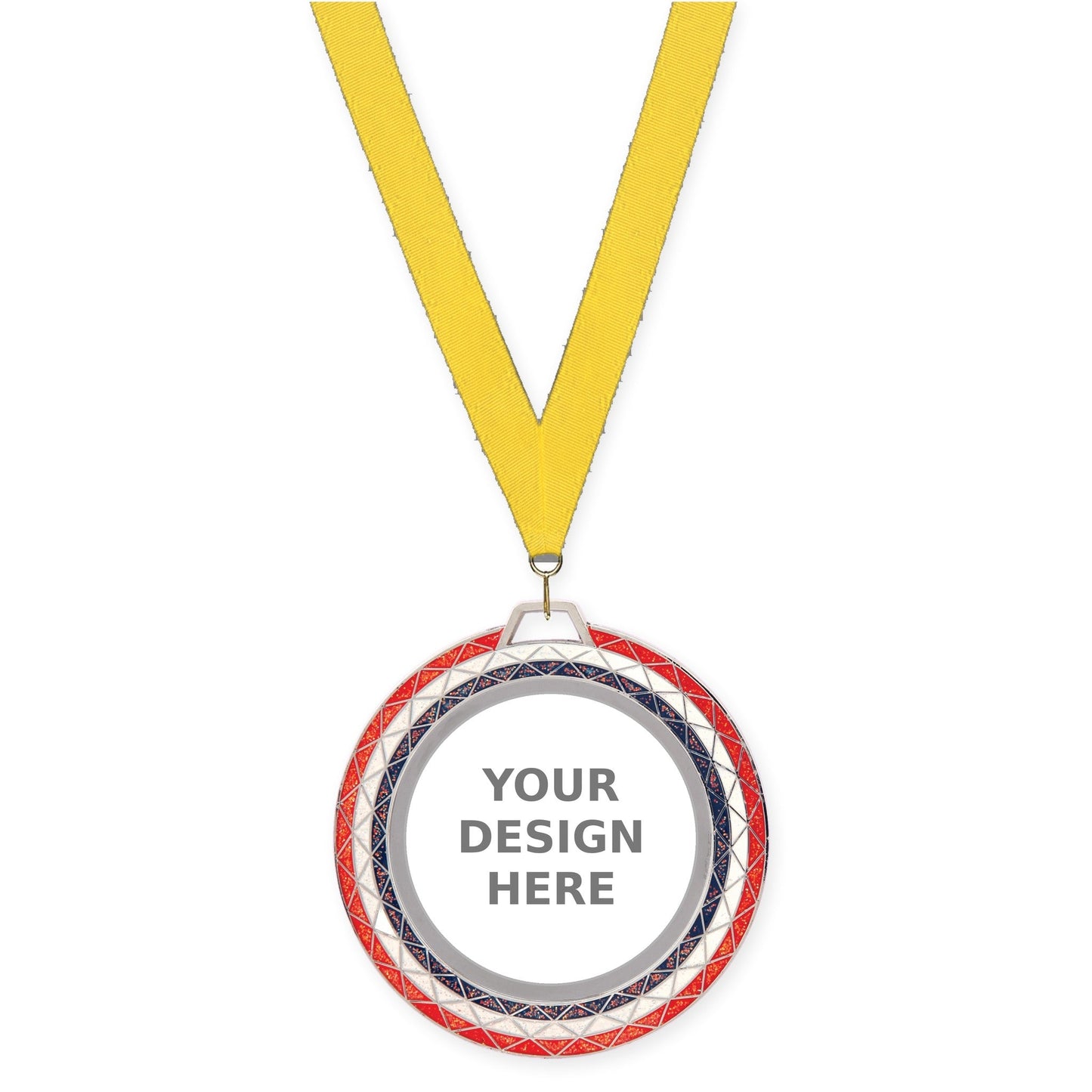2 3/4 inch Bling insert medal in red white blue with Yellow neck ribbon