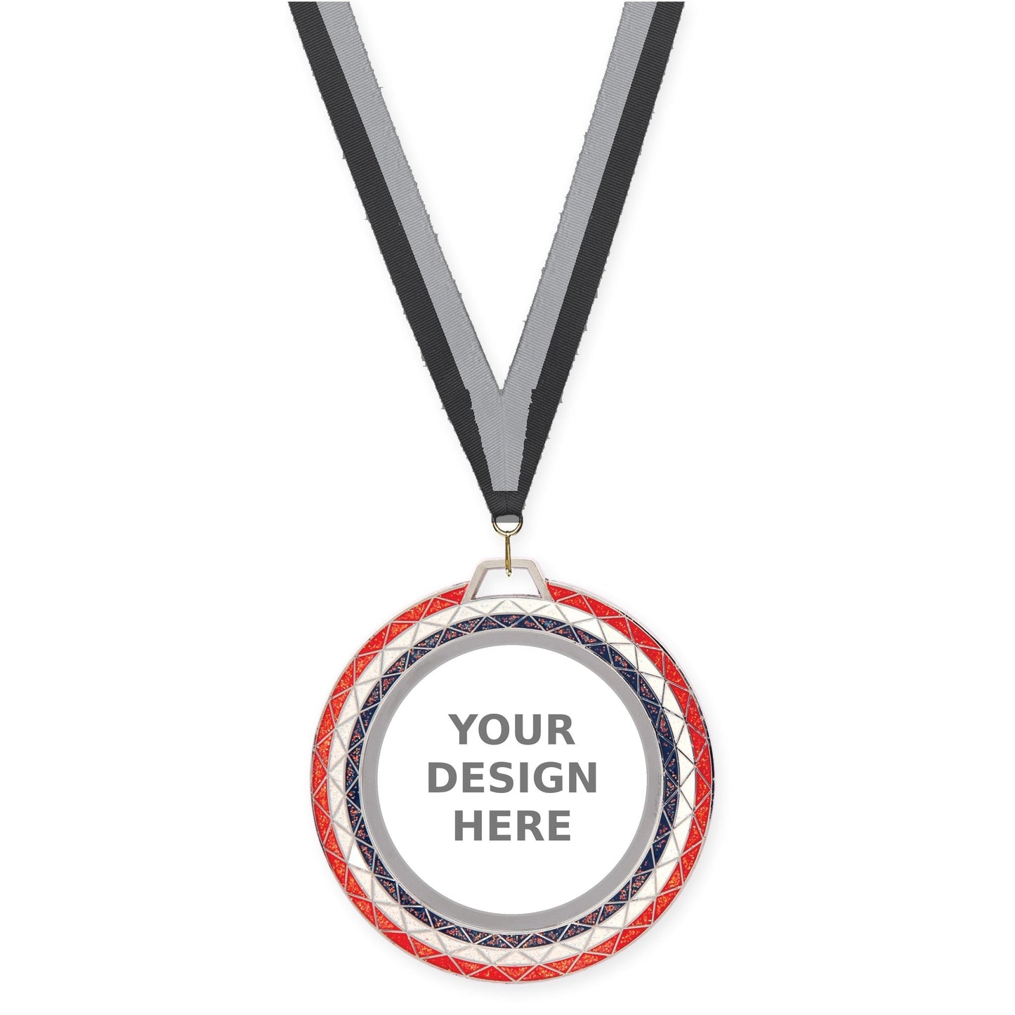 2 3/4 inch Bling insert medal in red white blue with Black Gray neck ribbon