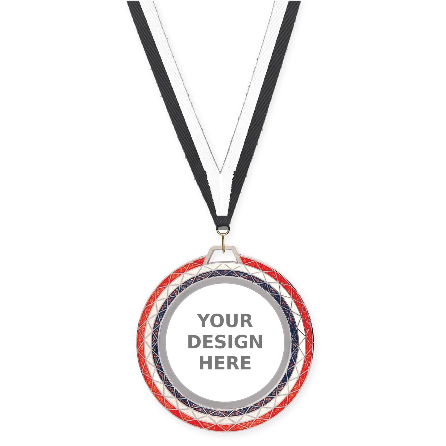 2 3/4 inch Bling insert medal in red white blue with Black White neck ribbon