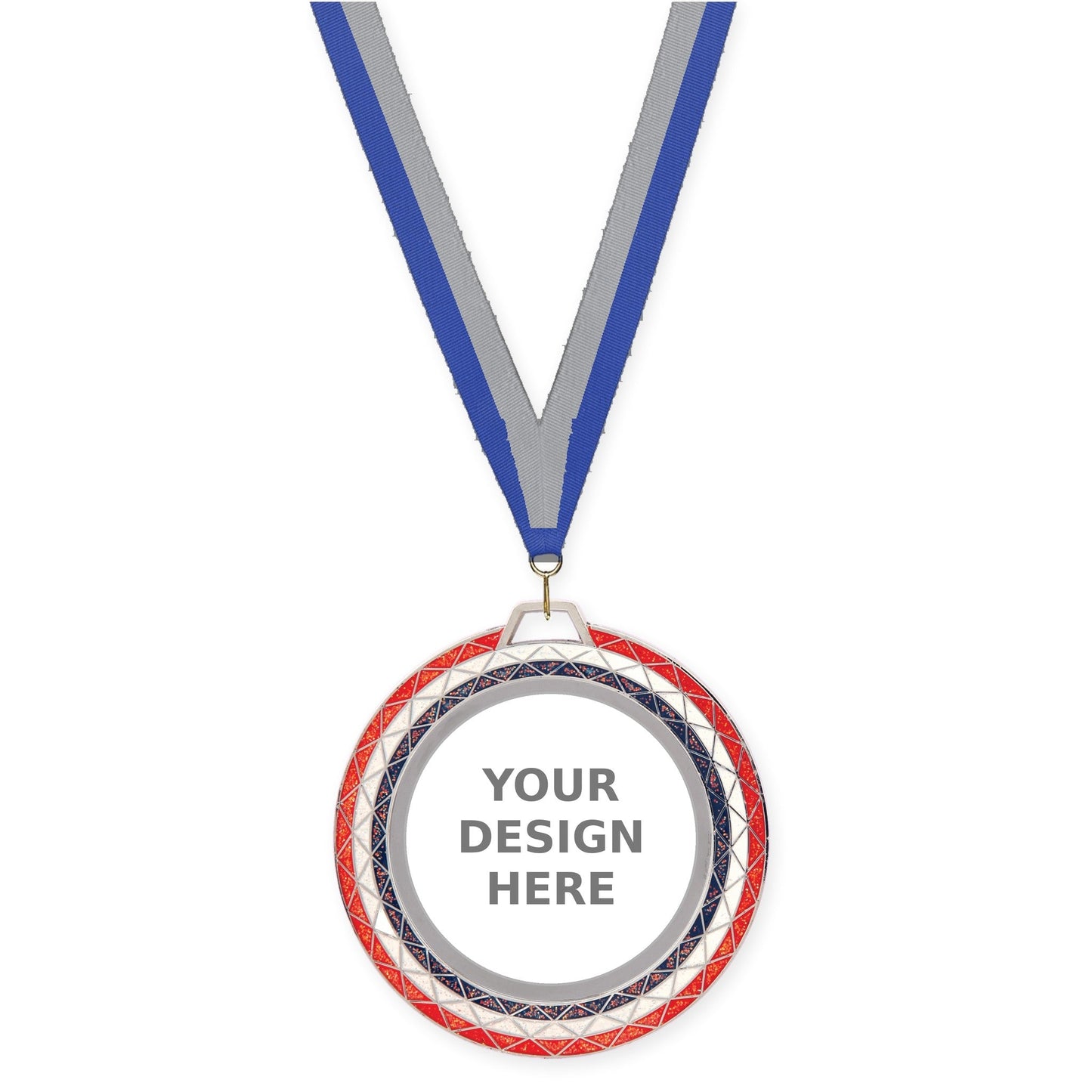 2 3/4 inch Bling insert medal in red white blue with Blue Gray neck ribbon