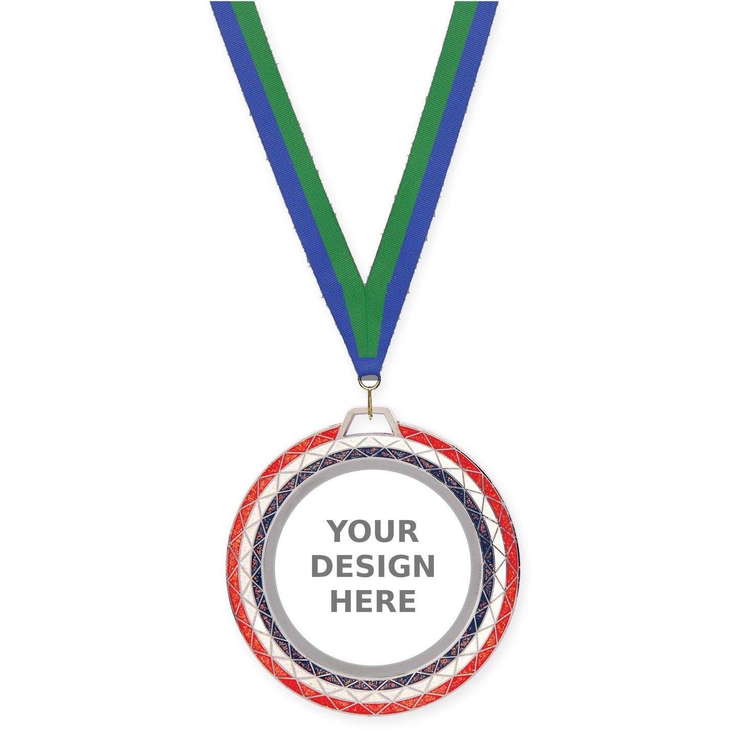 2 3/4 inch Bling insert medal in red white blue with Blue Green neck ribbon