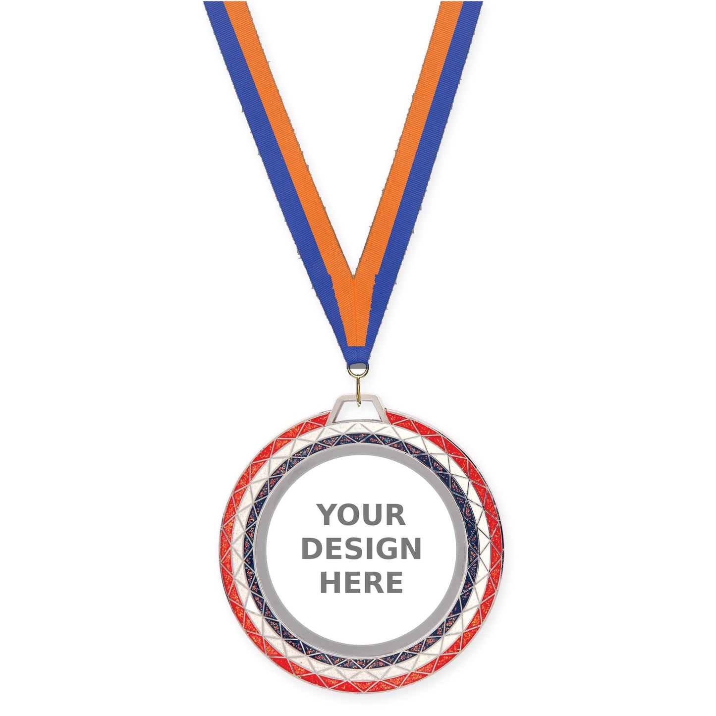 2 3/4 inch Bling insert medal in red white blue with Blue Orange neck ribbon