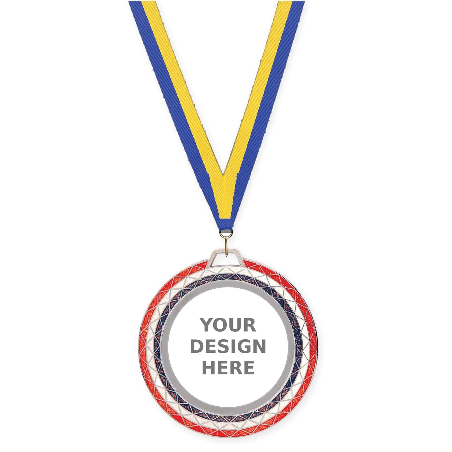2 3/4 inch Bling insert medal in red white blue with Blue Yellow neck ribbon