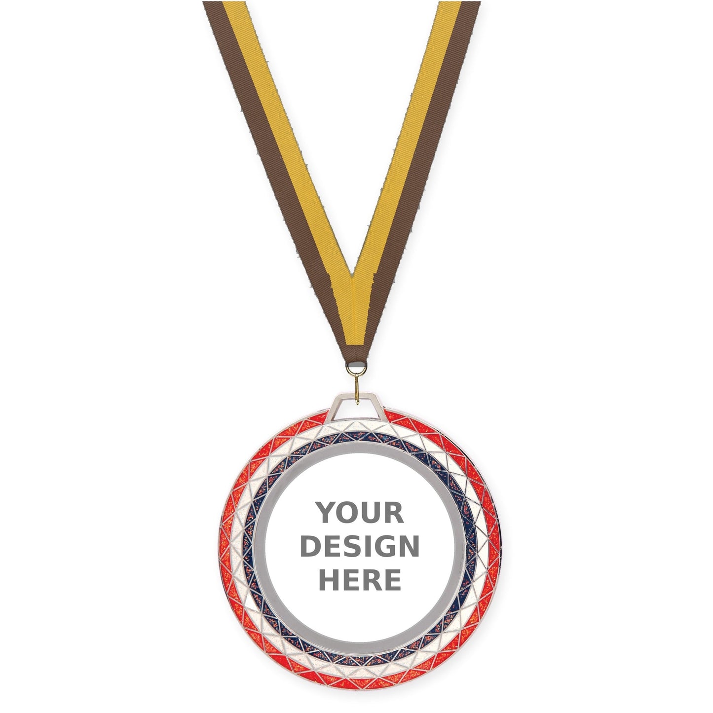 2 3/4 inch Bling insert medal in red white blue with Brown Gold neck ribbon