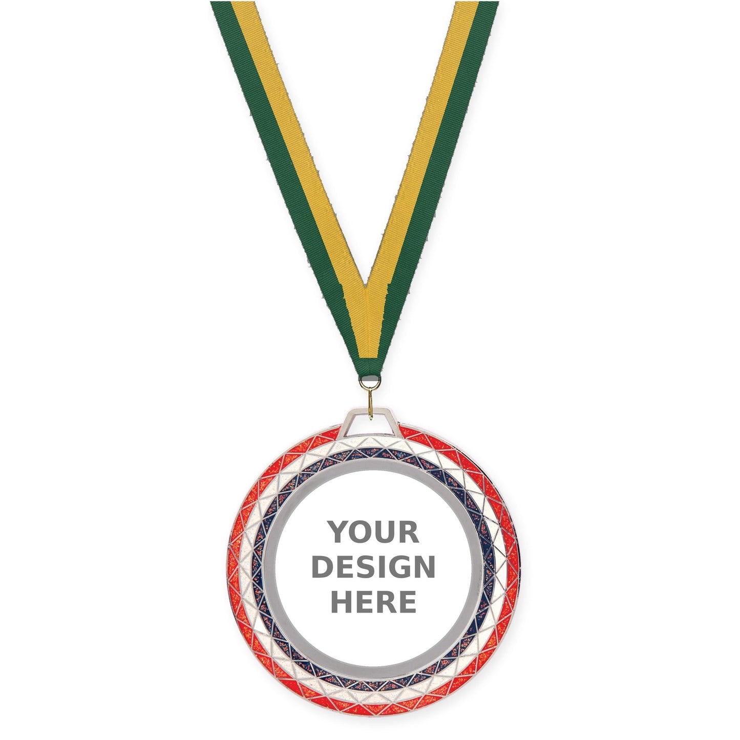 2 3/4 inch Bling insert medal in red white blue with Hunter Green Gold neck ribbon
