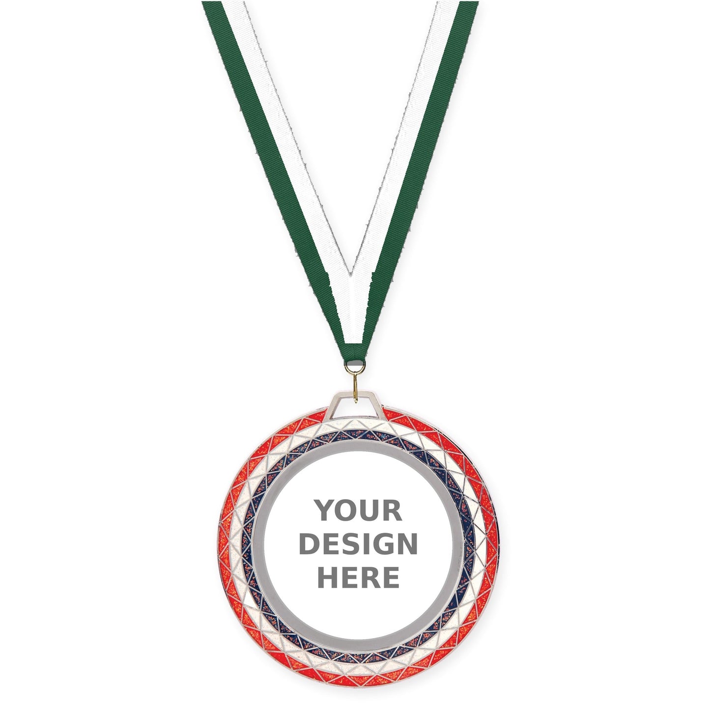 2 3/4 inch Bling insert medal in red white blue with Hunter Green White neck ribbon
