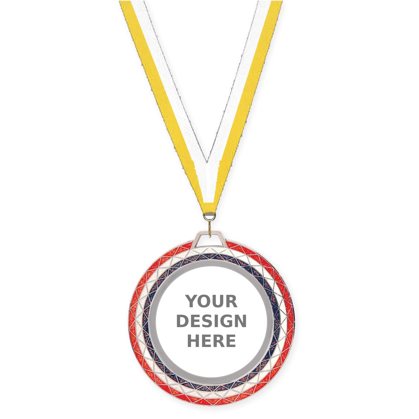 2 3/4 inch Bling insert medal in red white blue with Yellow White neck ribbon