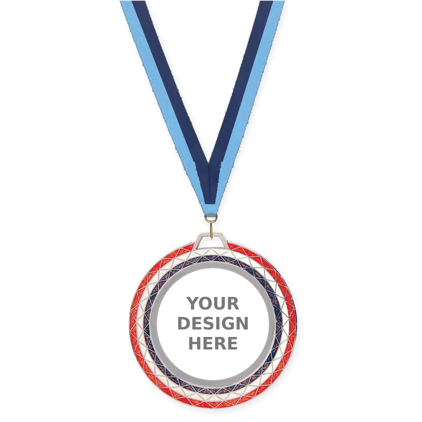 2 3/4 inch Bling insert medal in red white blue with Light Blue Navy neck ribbon